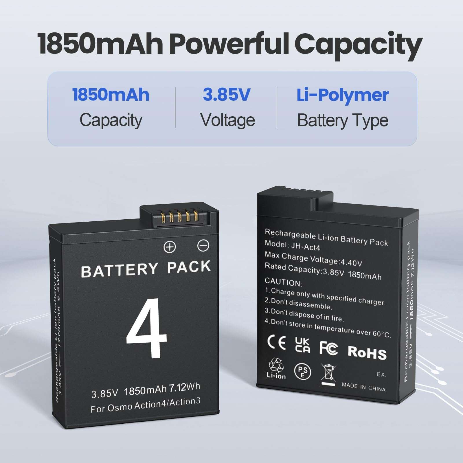 3 Packs Replacement Batteries Compatible with DJI Osmo Action 5pro, Osmo Action 4, Osmo Action 3, 1850mAh Rechargeable Battery, with 3-Channel Battery Charging Base 3