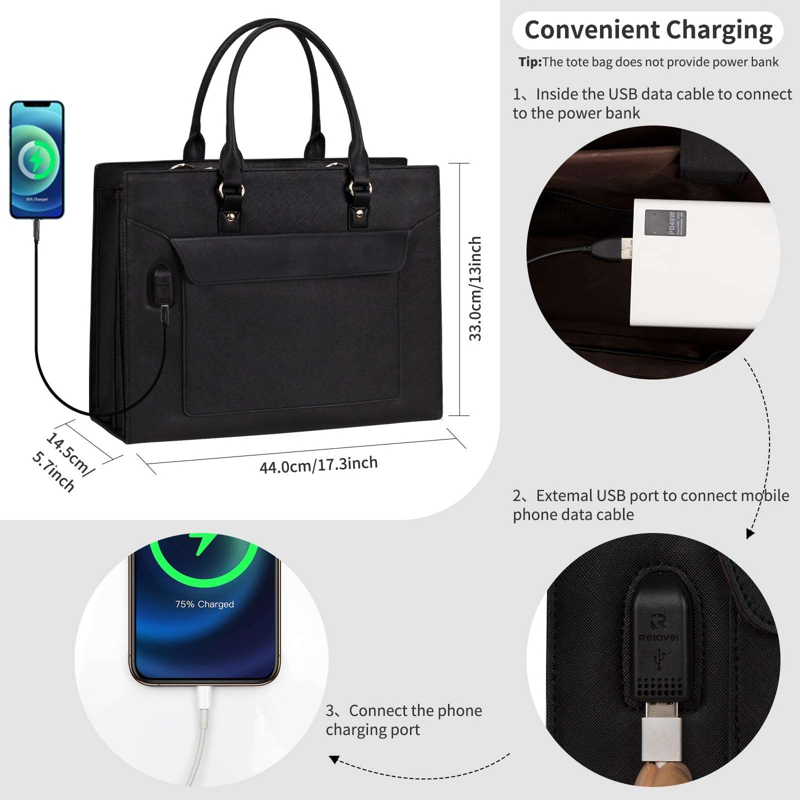 Laptop Bag for Women, 17 Inch Laptop Tote Bag, Leather Work Bags for Women, Large Capacity Laptop Briefcase Computer Tote Bag with USB Port, Business Office Bag Teacher Tote Bag Shoulder Bag 4