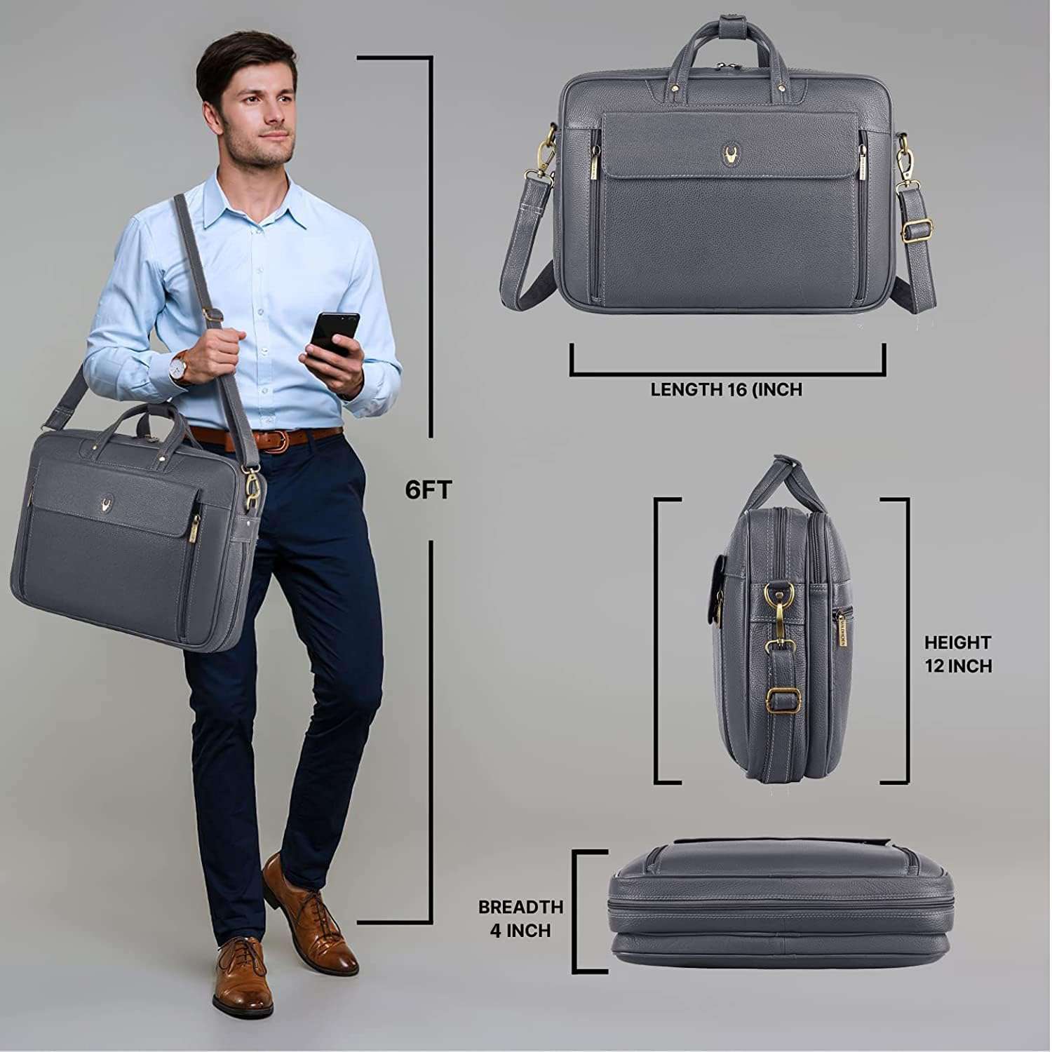 WildHorn Leather Laptop Messenger Bag for Men I Fits Upto 15.6 Inch Laptop/MacBook I Padded Laptop Compartment I Carry Handles with Adjustable Strap I DIMENSION : L-16 inch W-4 inch H-12 inch 3
