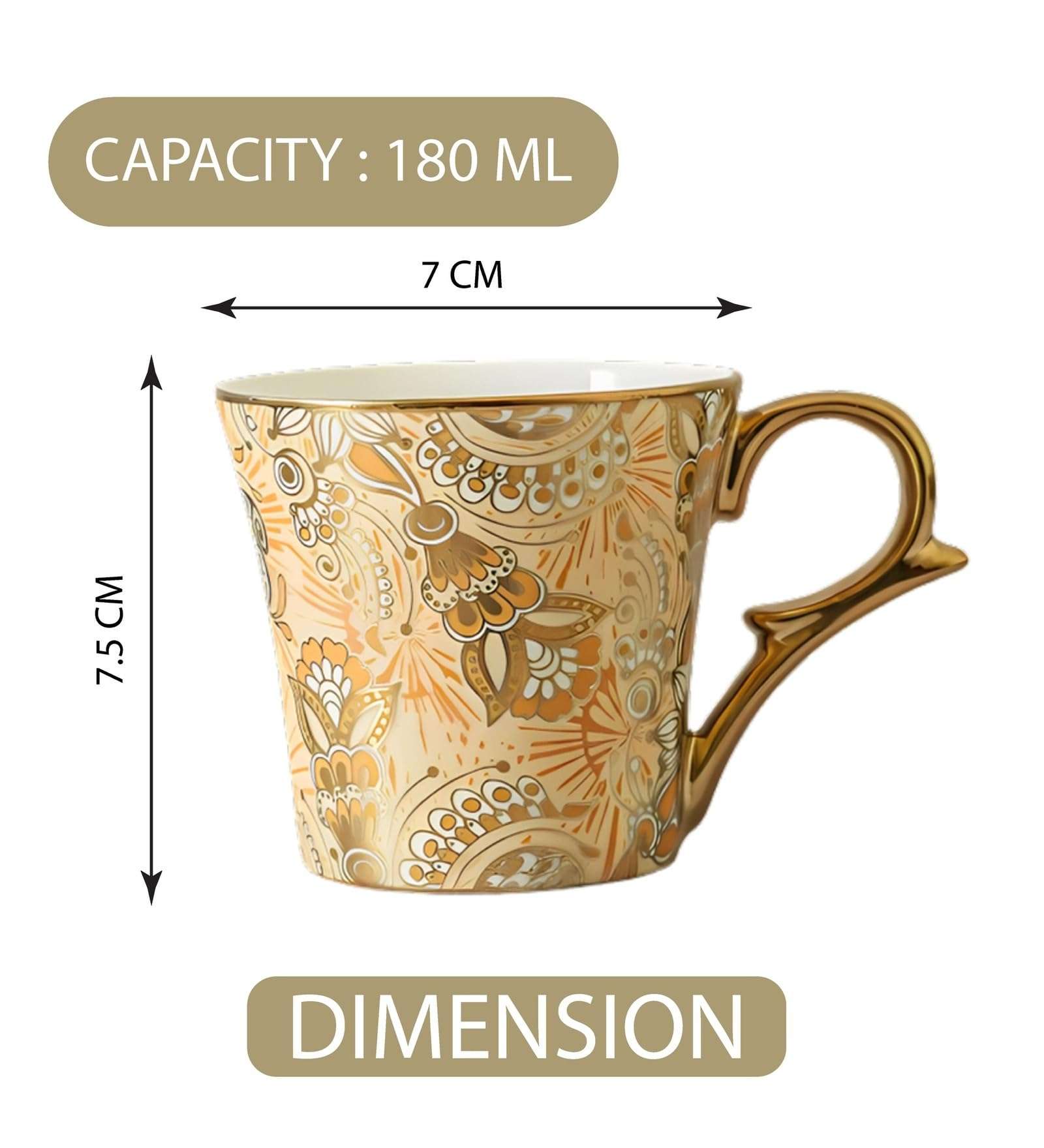 Femora Bridal Mahendi Gold Print Ceramic Tea and Coffee Mugs, (180 ml, Golden) - 6 Pcs Set (NOT Microwave Safe) 4