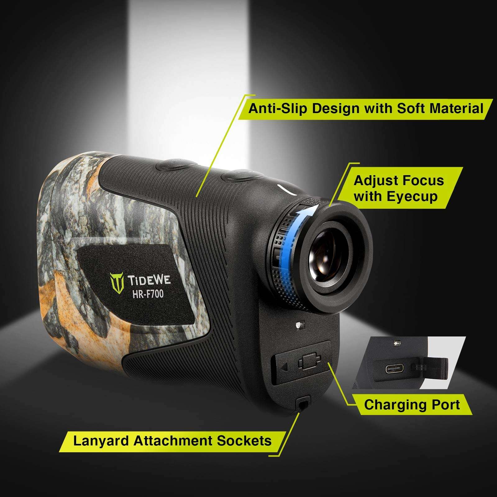 TIDEWE Hunting Rangefinder with Rechargeable Battery, 700Y Camo Laser Range Finder 6X Magnification, Distance/Angle/Speed/Scan Multi Functional Waterproof Rangefinder with Case 6
