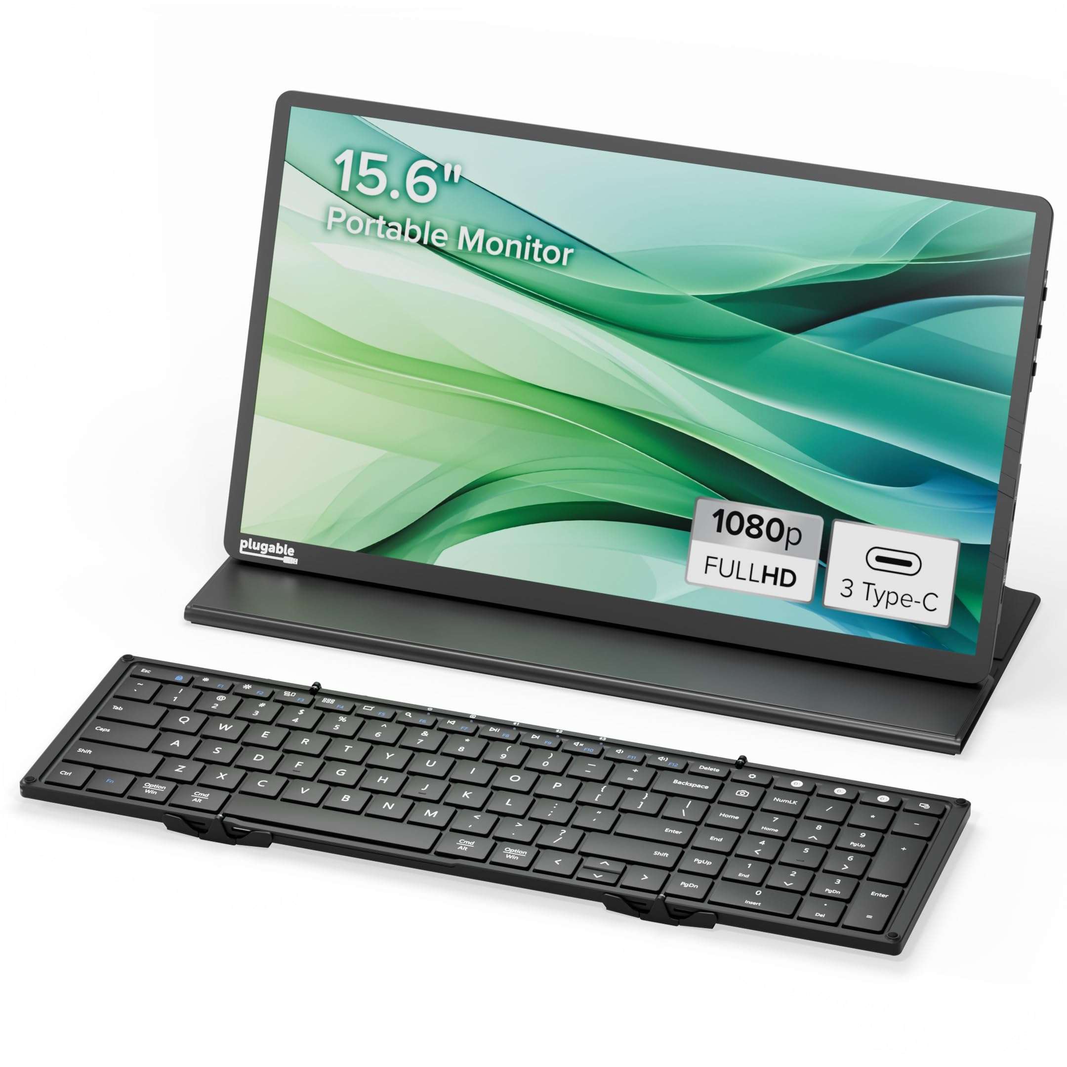 Plugable Ultimate Portable Workstation Bundle 15.6" USB C Portable Monitor with 100W Charging and Foldable Bluetooth Keyboard | Multi-Device Compatibility for iPad, iPhone, Android, and Windows 1