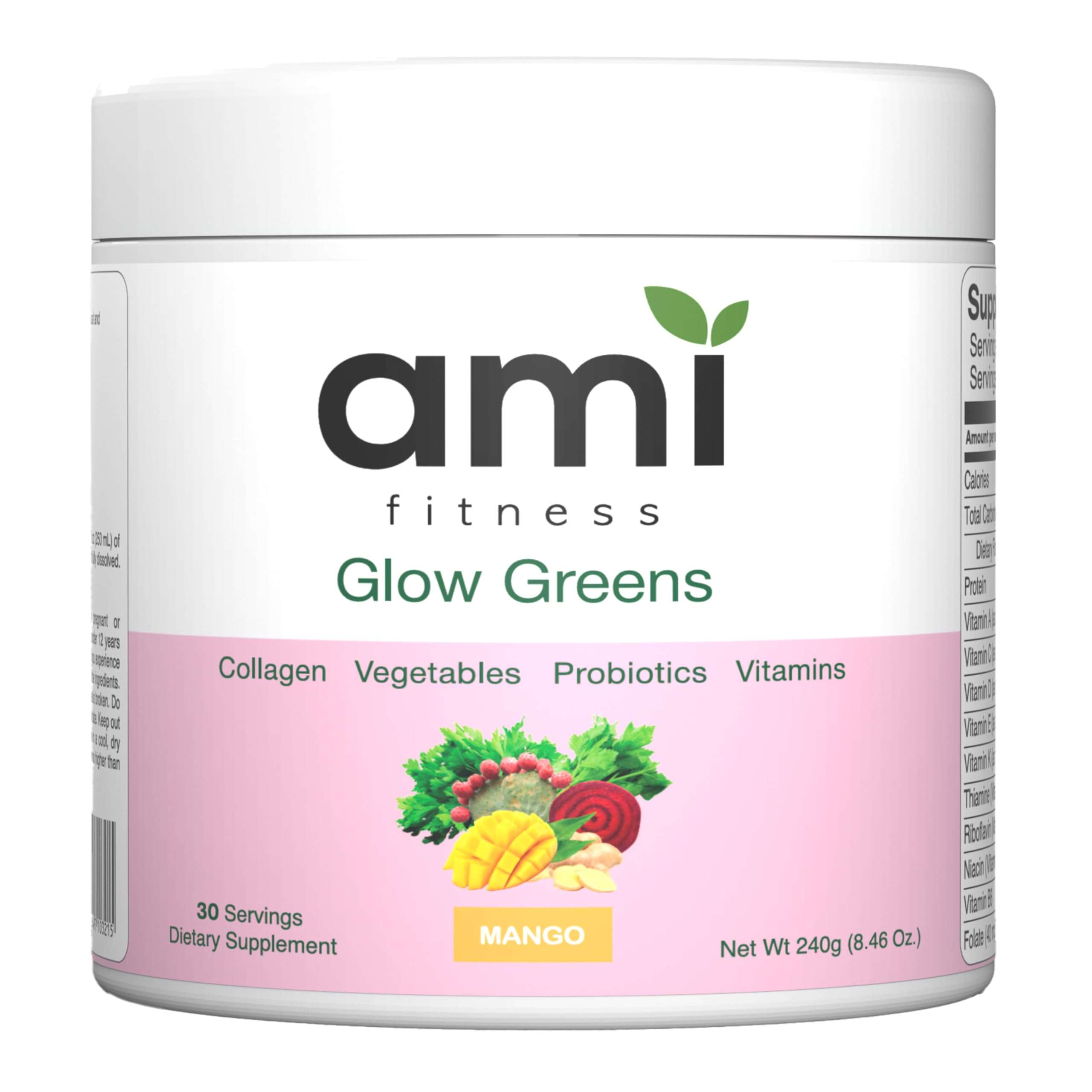 Ami Fitness Glow Greens Powder, Collagen with Probiotics, Vitamins, Digestive Enzymes, Superfoods, Gut Health, Bloating Relief, Radiant Skin, Natural Glow, Spirulina, Juice Mix, 30 SVG, Mango