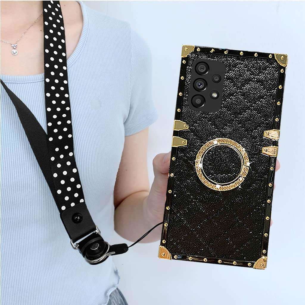 KAPADSON for Samsung Galaxy A71 5G Case Luxury Grid Skin Design TPU+ PU Leather Gold Square Protection Corner Back Case with Strap - black