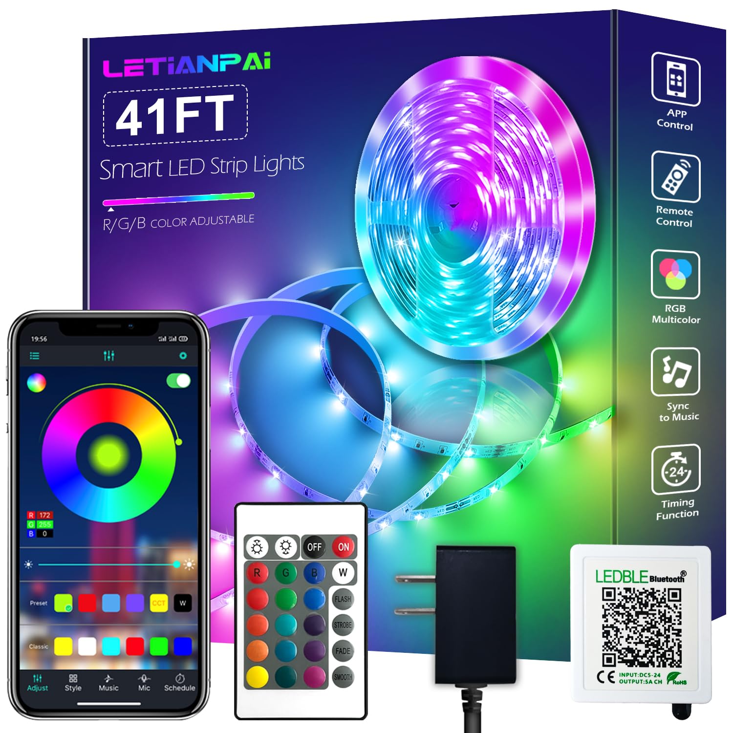 Led Strip Lights, 41ft/12m Long Smart Led Light Strips Music Sync 5050 RGB Color Changing Rope Lights,Bluetooth APP/IR Remote/Switch Box Control Led Lights for Bedroom,Home Decoration,Party,Festival