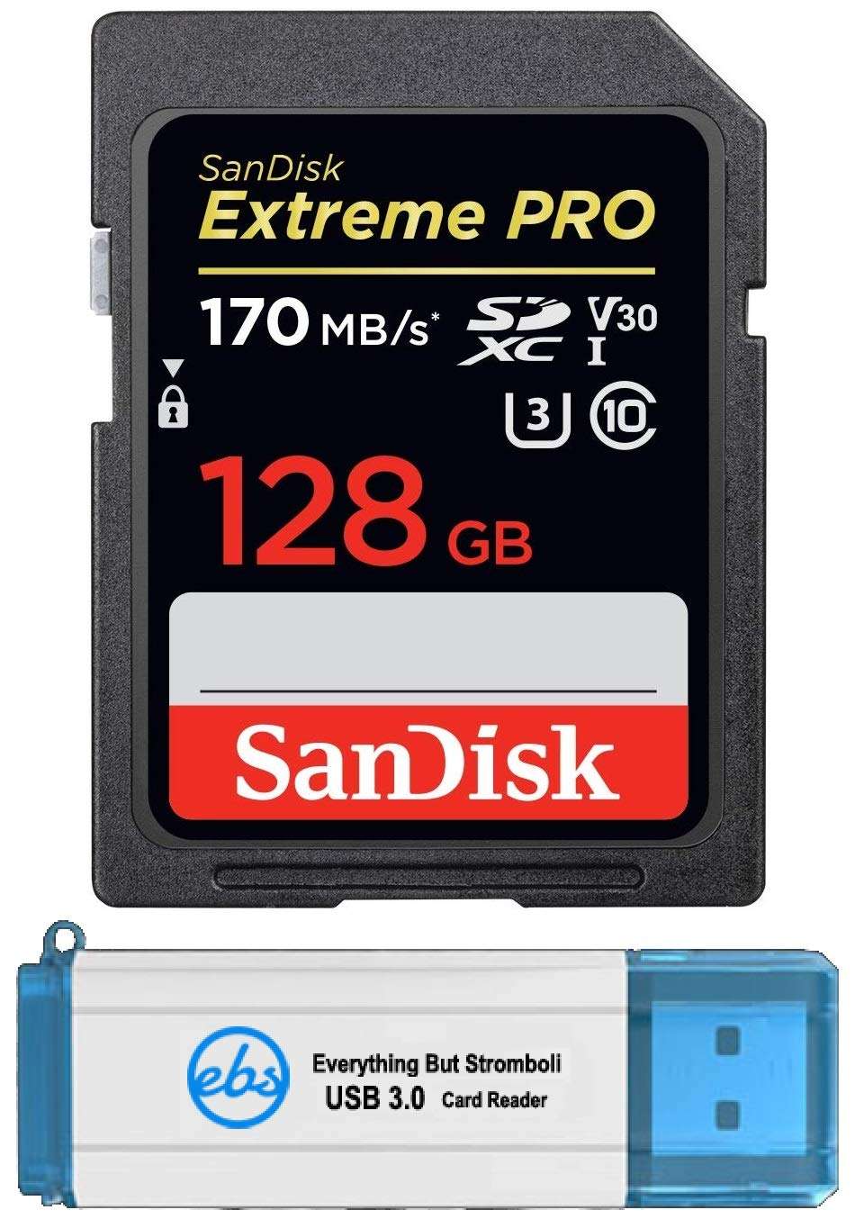 SanDisk 128GB SD Extreme Pro Memory Card Works with Fujifilm GFX 100S, X-E4, X-S10 Digital Camera 4K Class 10 (SDSDXXY-128G-GN4IN) Bundle with (1) Everything But Stromboli 3.0 SDXC Memory Card Reader 1
