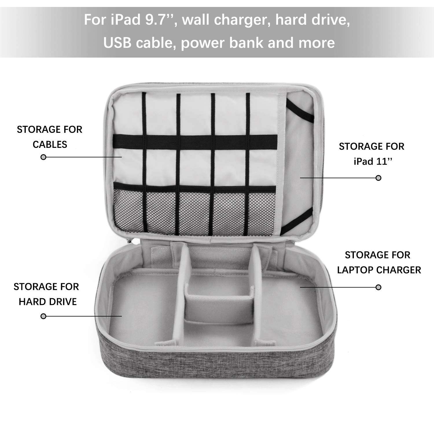 TechGround Electronics Organizer, Electronic Accessories Cable Organizer Bag Double Layer Travel Cord Organizer Bag for Cables, Laptop Charger, iPad Pro 11'' Tablet and More, Grey, RR-011G 3