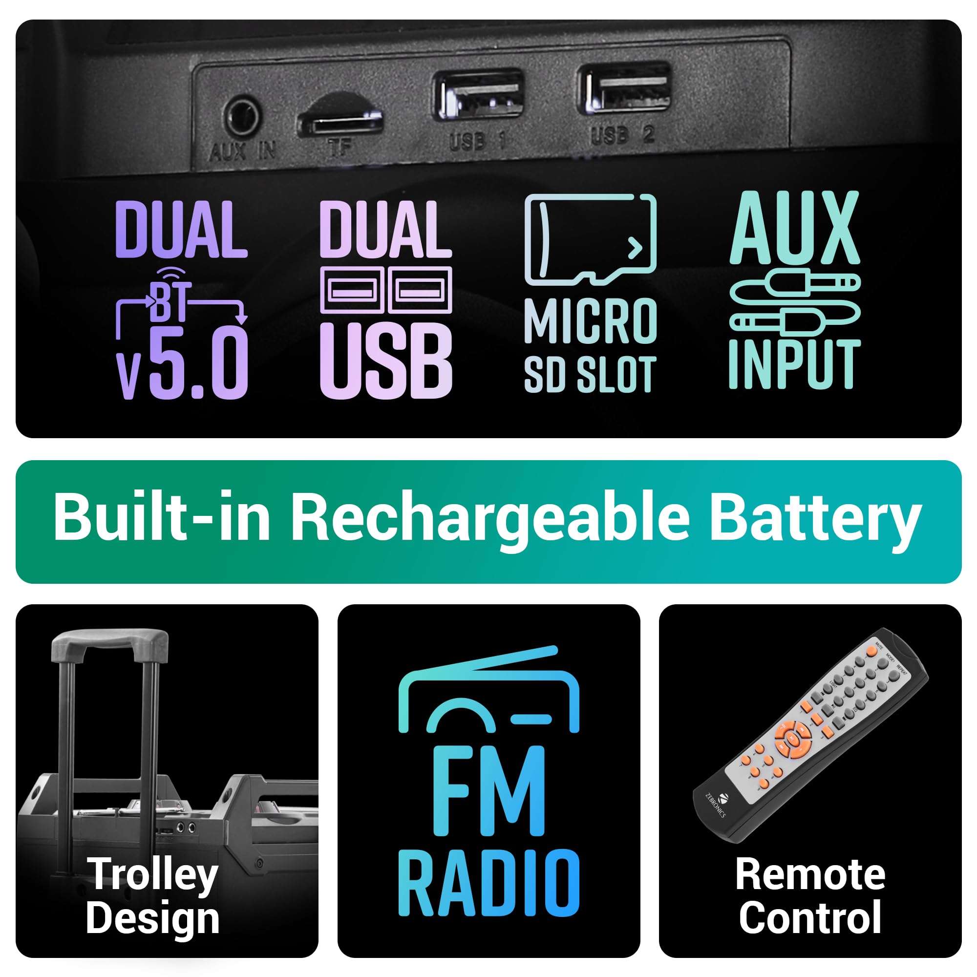 ZEBRONICS Octane Trolley Party DJ Speaker, 48 Watts, Supports Dual Bluetooth, Dual USB, mSD, AUX, Karaoke Function, Two Wireless Mic, DJ Mixer Control, 5 Band Equalizer 5