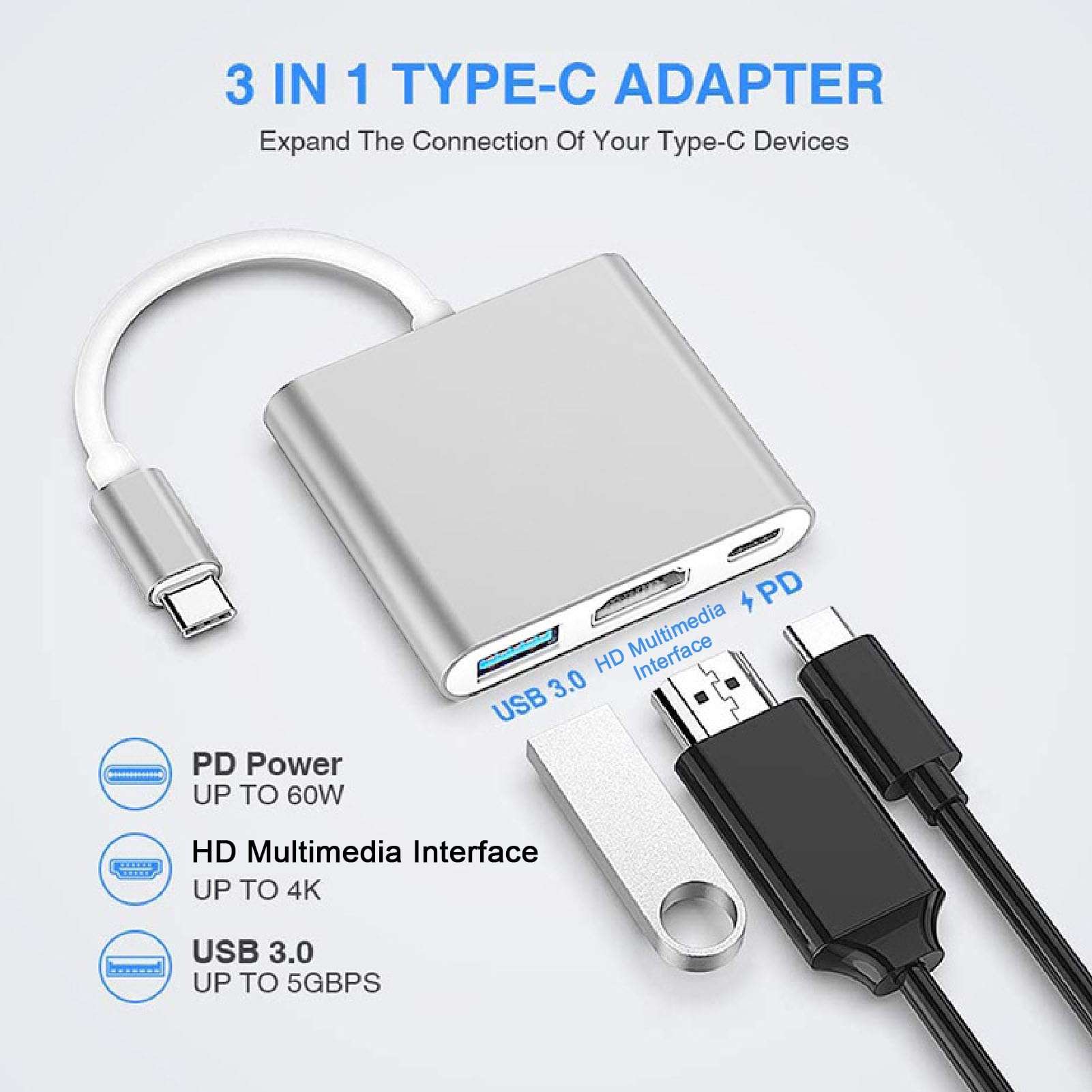 Zopsc Type C to HDMI 3 in 1 Docking Station, 4K HD 5Gbps TV Projector Adapter, 60W PD Power USB C Hub Docking Station for TV Projector Computer. 3