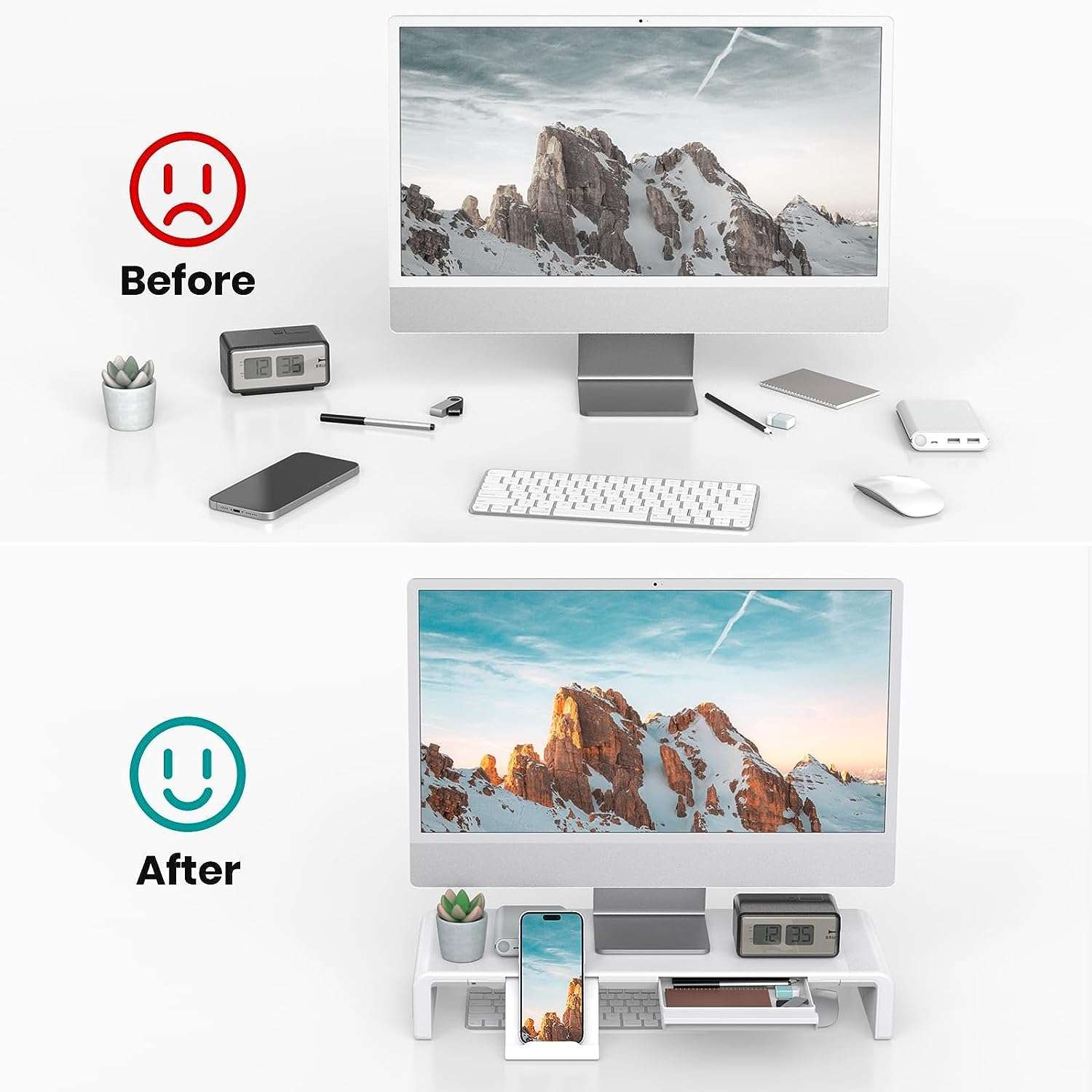 PIKFOS Folding Monitor Stand Riser, Computer Monitor Stand with Adjustable Width, Compatible with iMac, Printer, Laptop with Storage Drawer, Tablet & Mobile Phone Stand Holder, White 6