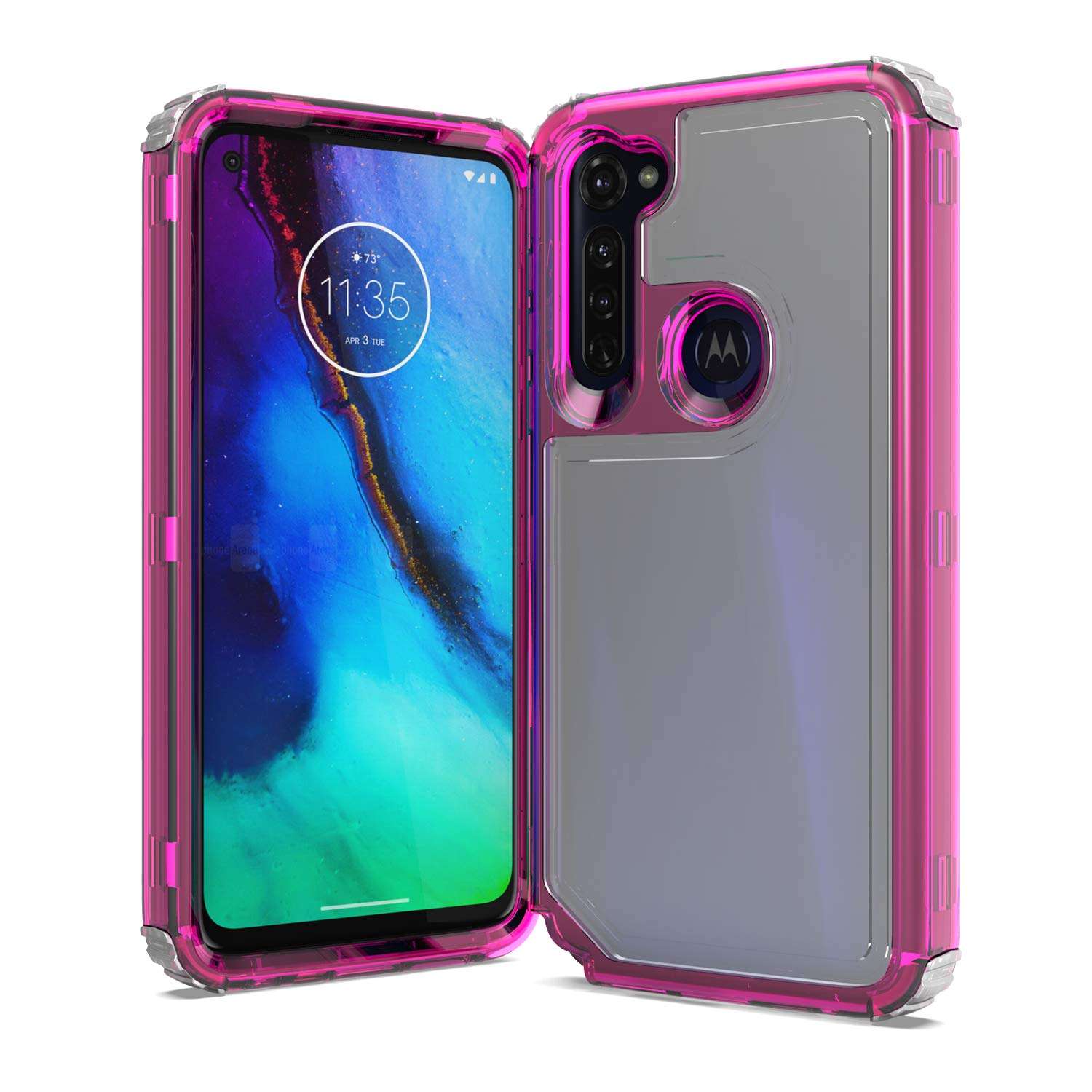 UNC Pro 3 in 1 Cell Phone Case for Motorola Moto G Stylus 2020 Released, Heavy Duty Full Edge Protection Hybrid Shockproof Bumper Case Cover for Women Girls, Clear Hot Pink 6