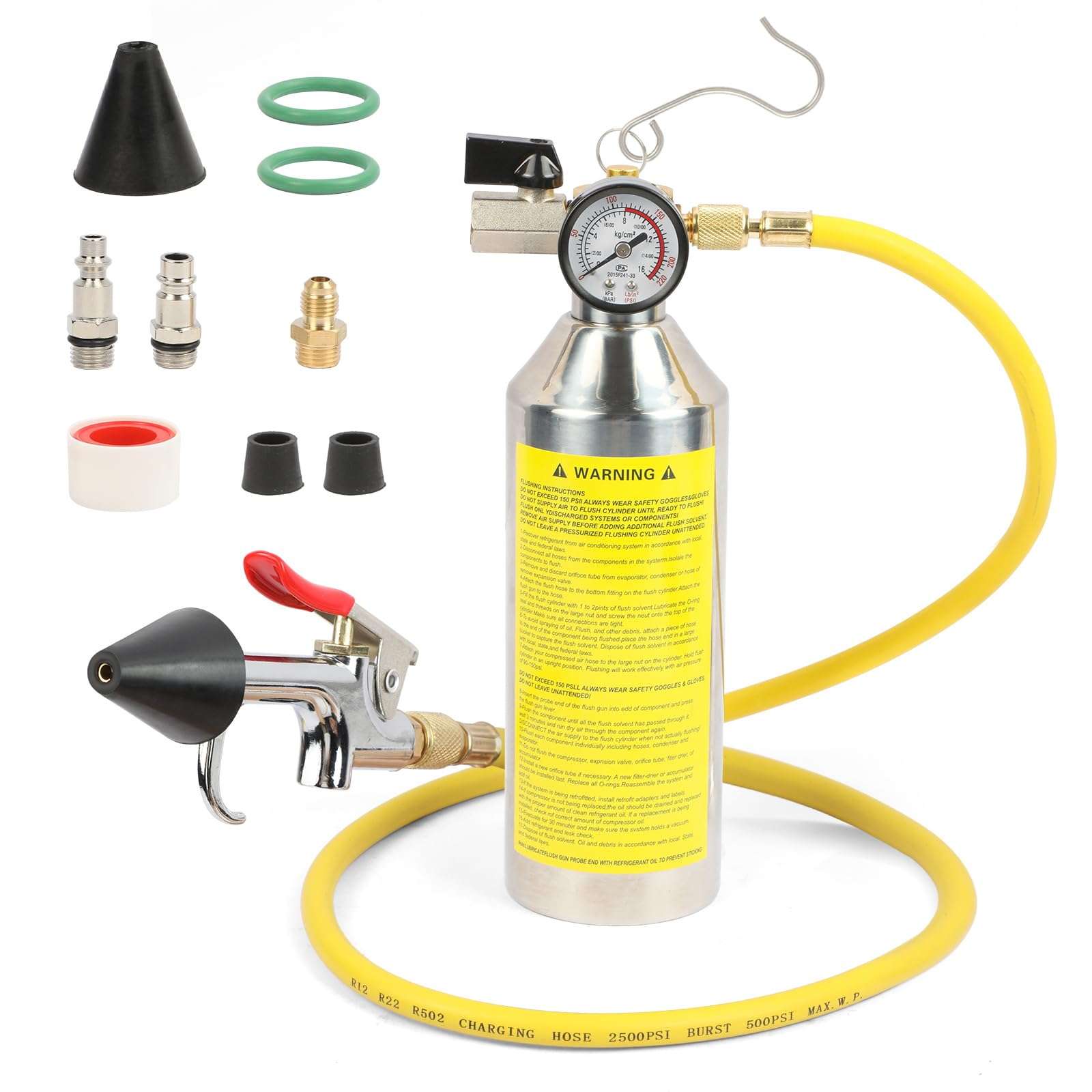 YUANRI AC Flush Kit Home A/C Flush Tool Automotive A/C Flush Kit House AC Flushing Kit 1L Stainless Steel Bottle R134A R12 R22 R404 R410A Air Conditioner System Flush Canister Kit Clean Tool Set 1