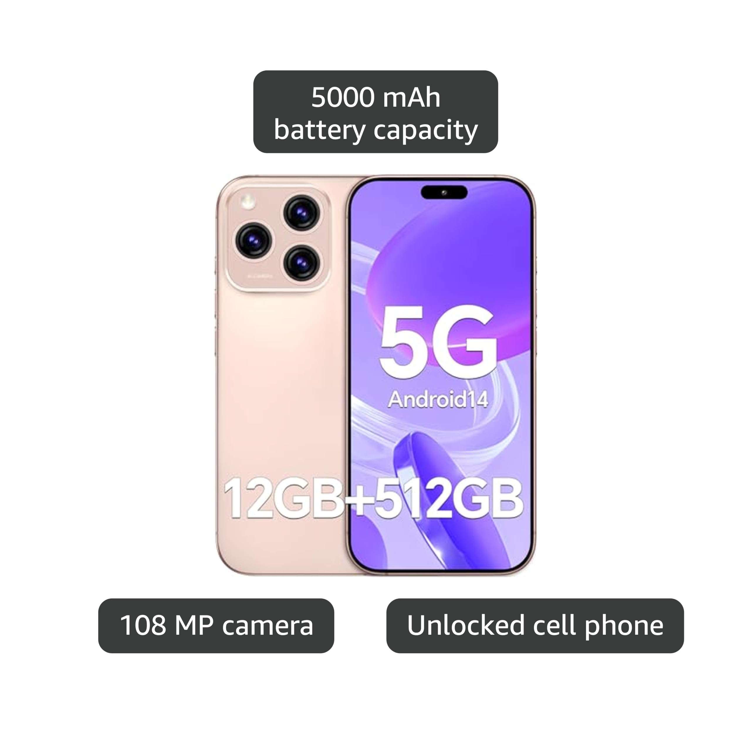 MUNISOSA Unlocked Cell Phones A16ProMax,12+512GB Android 14 Smartphone, 48MP+108MP Camera Android Phone, 5000mAh Battery, 6.7" HD Screen,Face ID/Fingerprint Lock/Dual SIM/GPS(Gold) 5