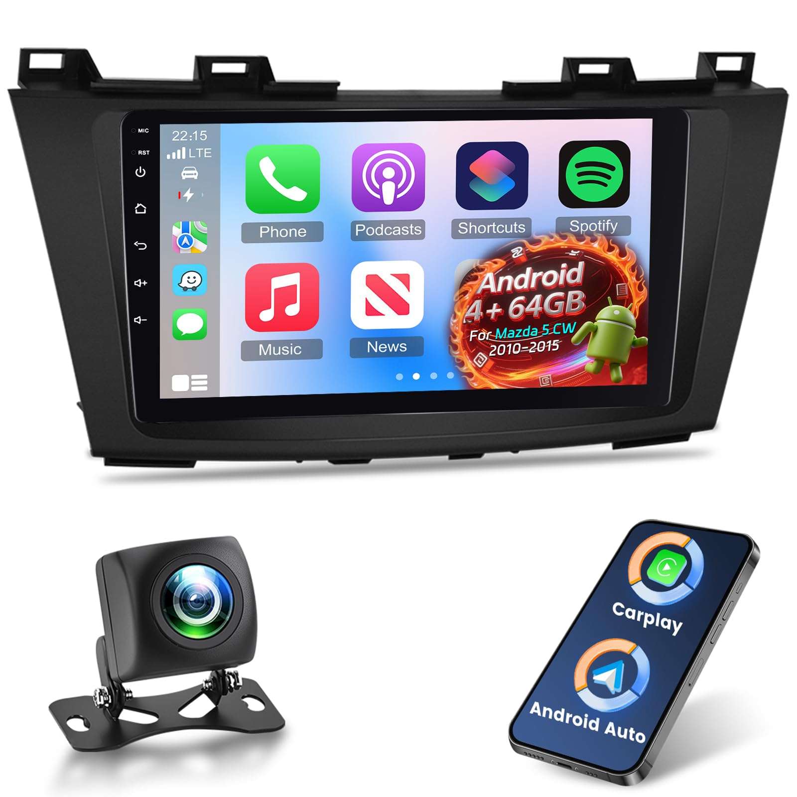[Qualcomm 8 Core 4+64G] Android 15 Car Radio for Mazda 5 CW 2010-2015 with Wireless Carplay and Android Auto - 9 Inch 1280 * 720 IPS Touchscreen Car Stereo - DSP/GPS/WiFi/SWC + AHD Backup Camera 1