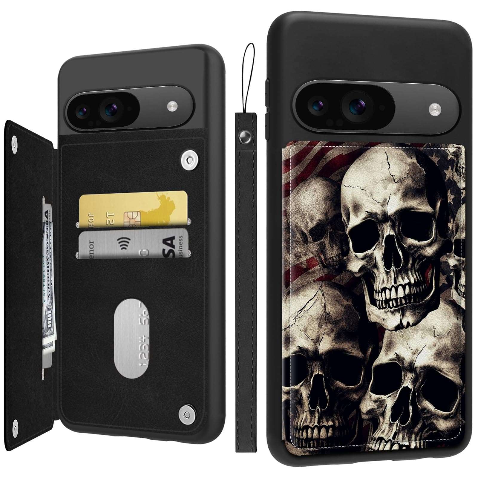 ACWDMKH for Google Pixel 9 Case Wallet with Card Holder&Wrist Strap,for Pixel 9 Case for Women Flip Leather Kickstand Card Slots Case,Double Magnetic Clasp Case Cover for Pixel 9,Skulls America Flag 2