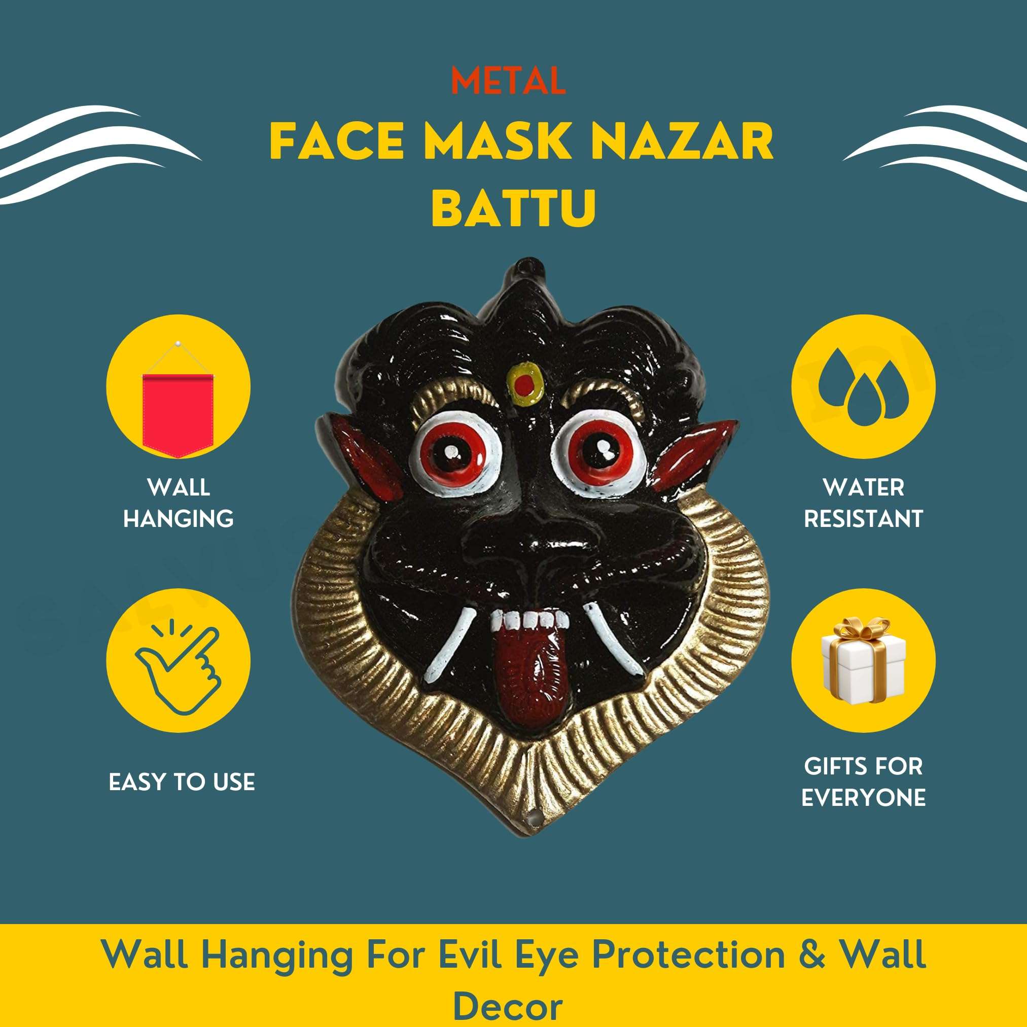 Salvus App SOLUTIONS Wall Hanging Metal Mahakal Face Mask/Nazar Battu for Evil Eye Protection, Home & Office Decor & Gift Item (Set of 2) 5