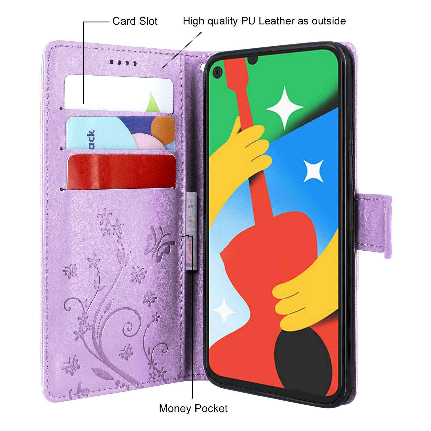 Lacass Floral Butterfly PU Leather Flip Wallet Case Cover Kickstand with Card Slots and Wrist Strap for Google Pixel 4a 5G (Not fit Pixel 4a 4G) (Light Purple) 2