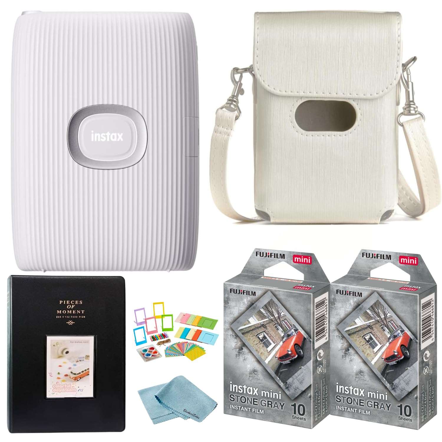 BluebirdSales Fujifilm Instant Mini Link 2 Smartphone Printer + Fuji Stone Gray Film (20 Sheets) Photo Accessory Kit (Photo Frames + Album), Carrying Case + Microfiber Cleaning Cloth (Clay White) 1