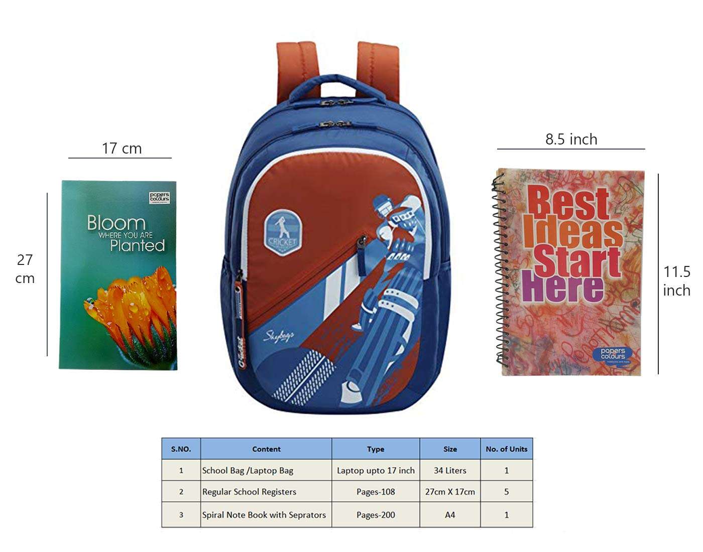 MaBelle ASTRO PLUS 04 SKYBAG Trendy Design 34L School/College Bag Combo with 1 Single Line Spiral Binding 200 Pages Notebook & 5 Register (108 Pages),-01 Set/Secret Pocket, Red-Blue 2