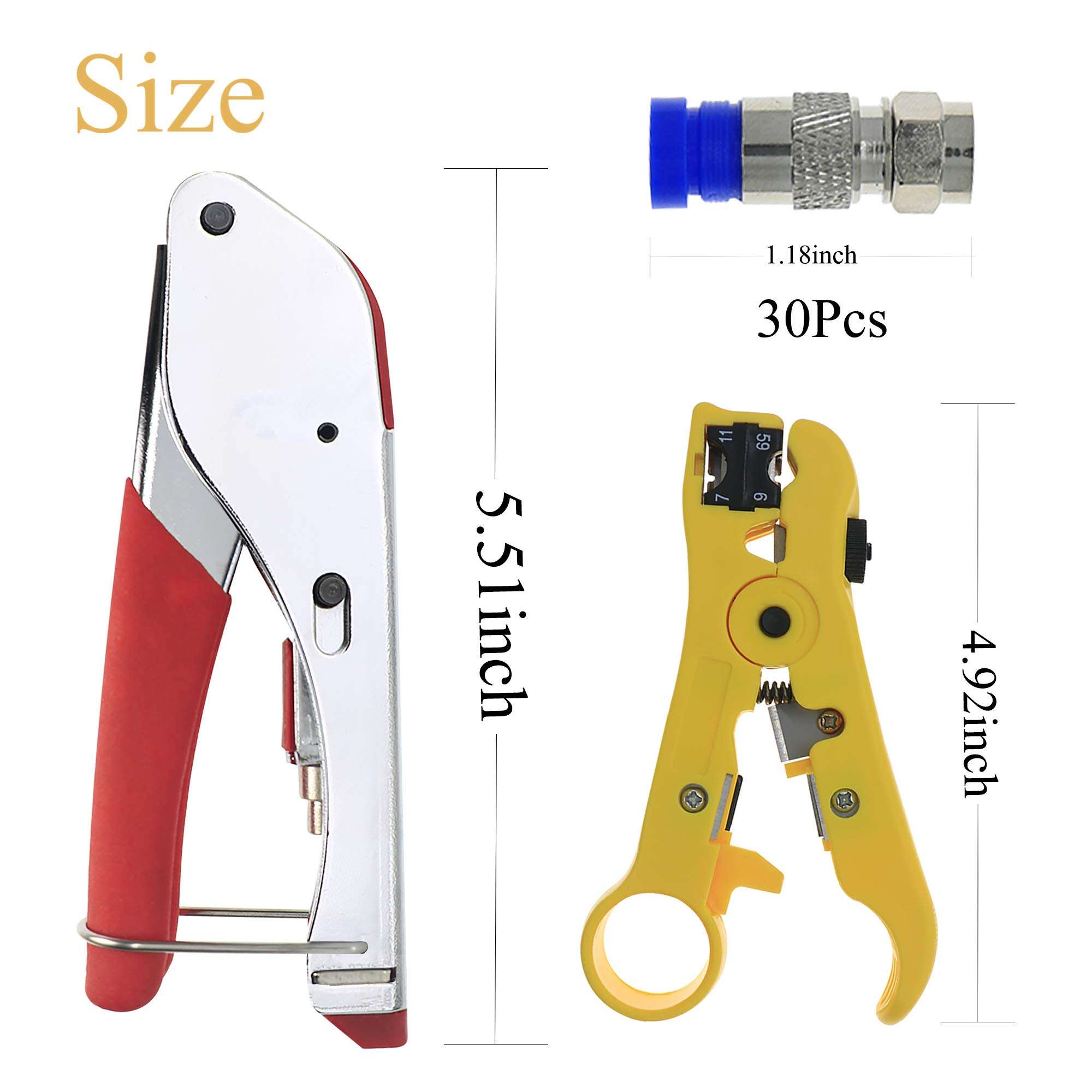 FOVLWYT Coax Cable Crimper Kit Coaxial Cable Compression Tool Kit with 30PCS F RG6 Compression Connectors, Wire Coax Cable Stripper Tool 2