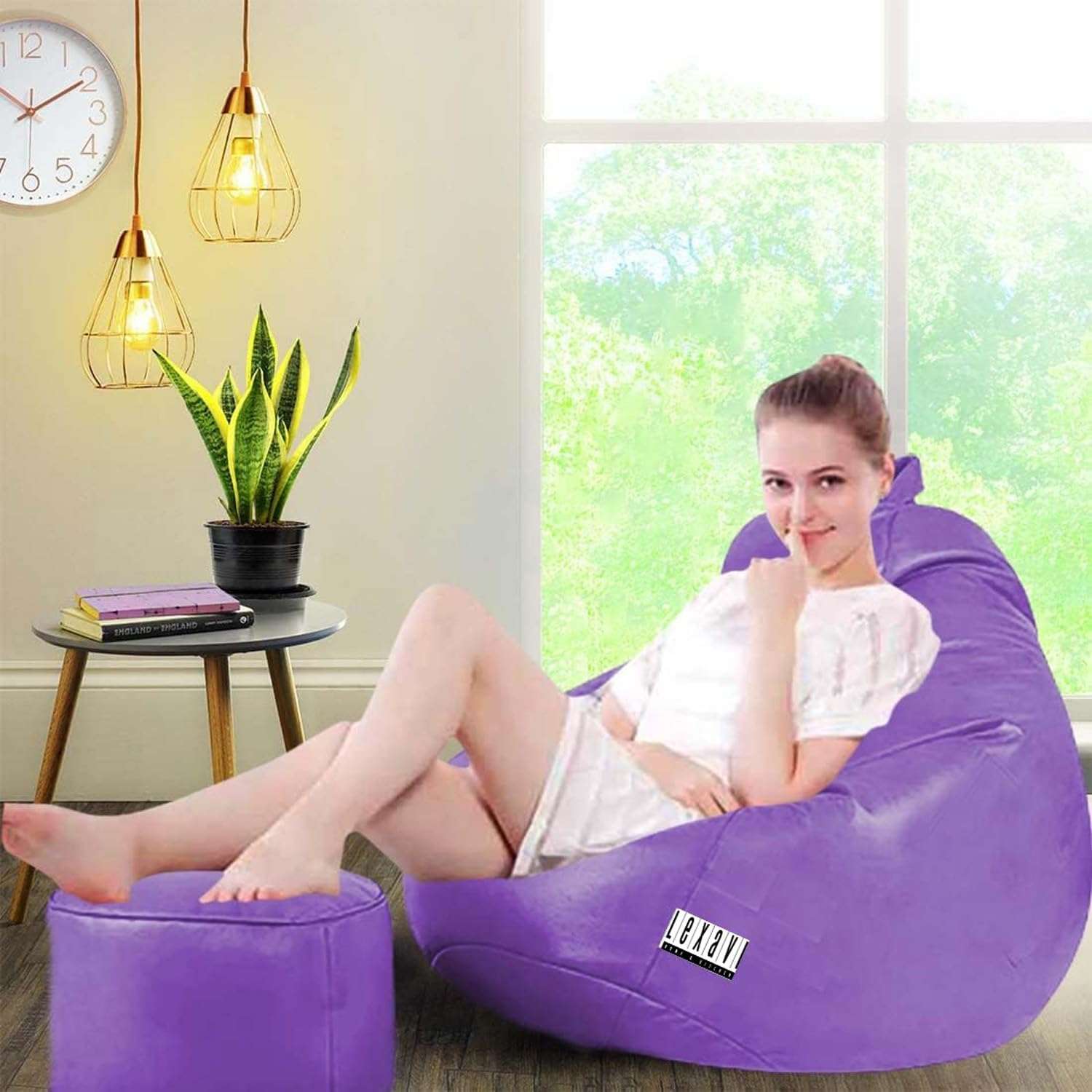 LEXAVI Brand Origial Faux Leatherette| 6 Month Warranty | Quality 4XL Bean Bag with Footrest & Comfy Cushion Filled with Beans (Ready to Use) Special for Corporate & New Year Gifts (Purple)