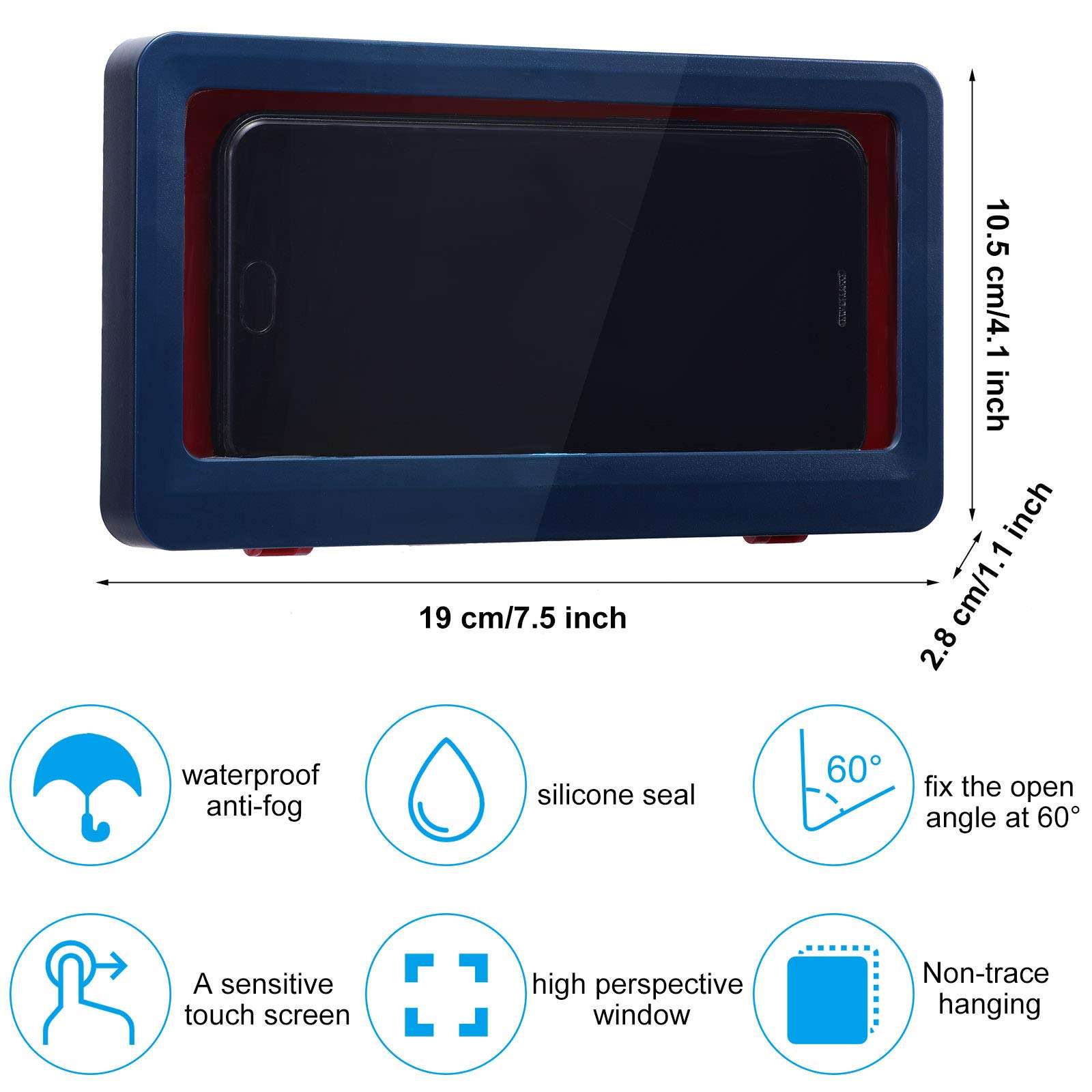 2 Pieces Waterproof Wall Mount Shower Phone Holder Bathroom Phone Storage Case Shelf Adhesive Shower Phone Box for Bathroom Mirror Bathtub Kitchen, Blue and White 2