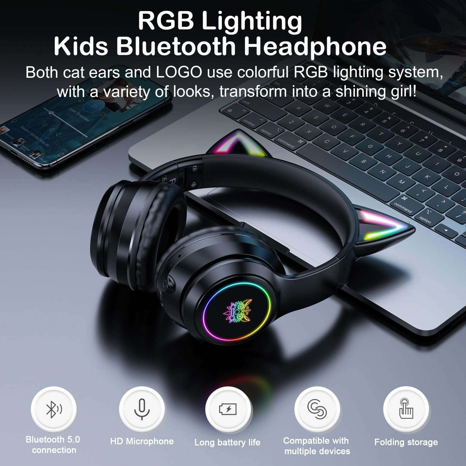 TaChaLa Black Girls Light Up Cat Bluetooth Headphones for Kids Little Girl Kid Kitty Headphones for Girls Toddler Headphone Cat Ears Kids Earphones Wireless for Tablet Toddlers 4