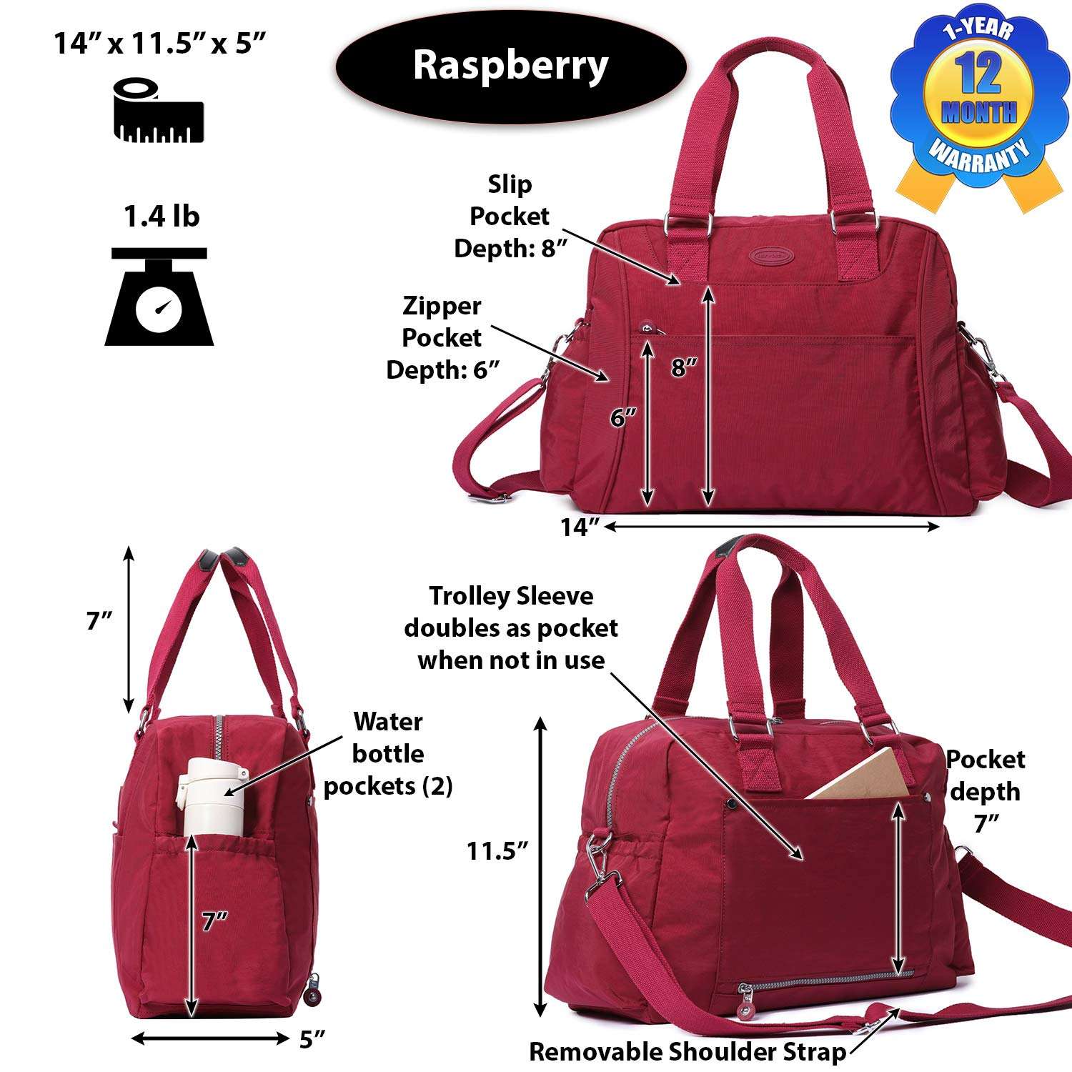 Nylon Travel Tote Cross-Body Carry On Bag with Shoulder Strap (Raspberry) 6
