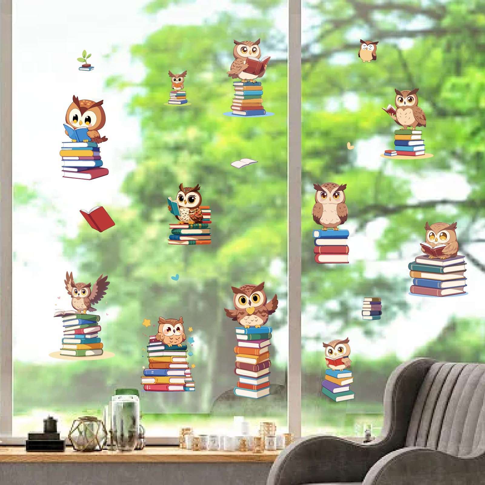 CRASPIRE 8 Sheets Owl Window Sticker Book Heart Wall Clings Birds Peel and Stick Paster Waterproof Large Decals for Home Stairway Restaurant Kitchen Bathroom Showcase Glass Mirror Doors PVC Decor 6