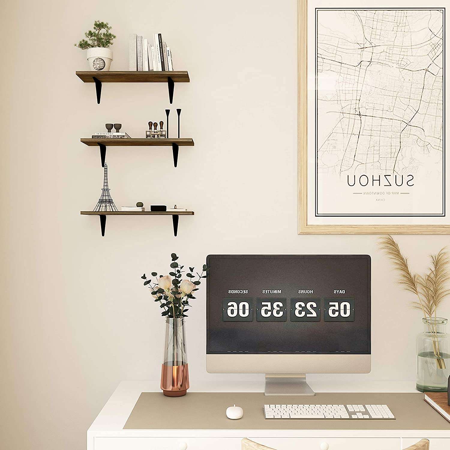 Tree House Floating Shelves, Black Wood Wall Mounted Shelves with Invisible Brackets for Bedroom Living Room Bathroom Kitchen, Shelves for Wall Decor Storage Set of 3 (White) 4