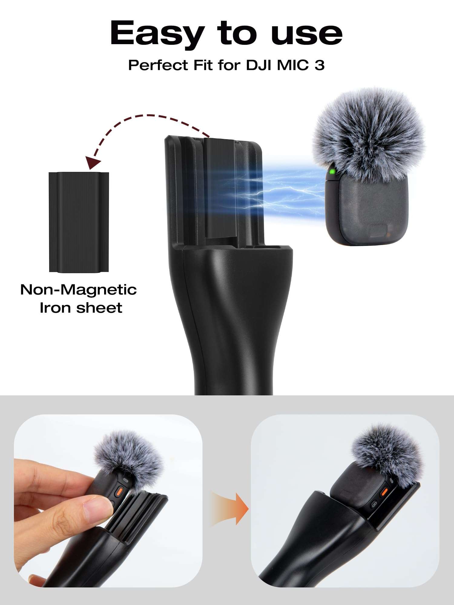 SUNMON Wireless Microphone Magnetic Holder Compatible with DJI Mic 3 (Mini/1/2), Interview Holder for Rode Wireless Micro/GO 2/ME/Pro (1 Universal Foam Cover, 2 Furry Windscreen Only for DJI Mic 3) 3