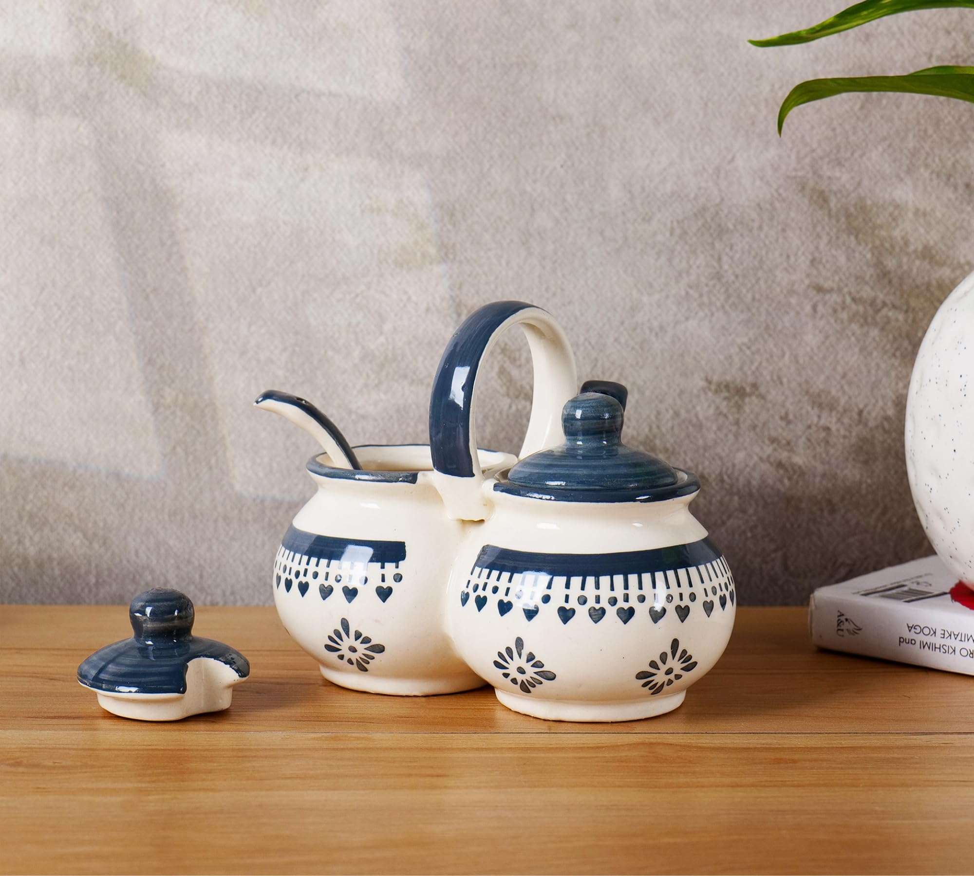 Niyara Multipurpose Storage Ceramic Pickle set Jars & with Lid & tray (Set of 2, 300 ML) (Grey flower design) 4