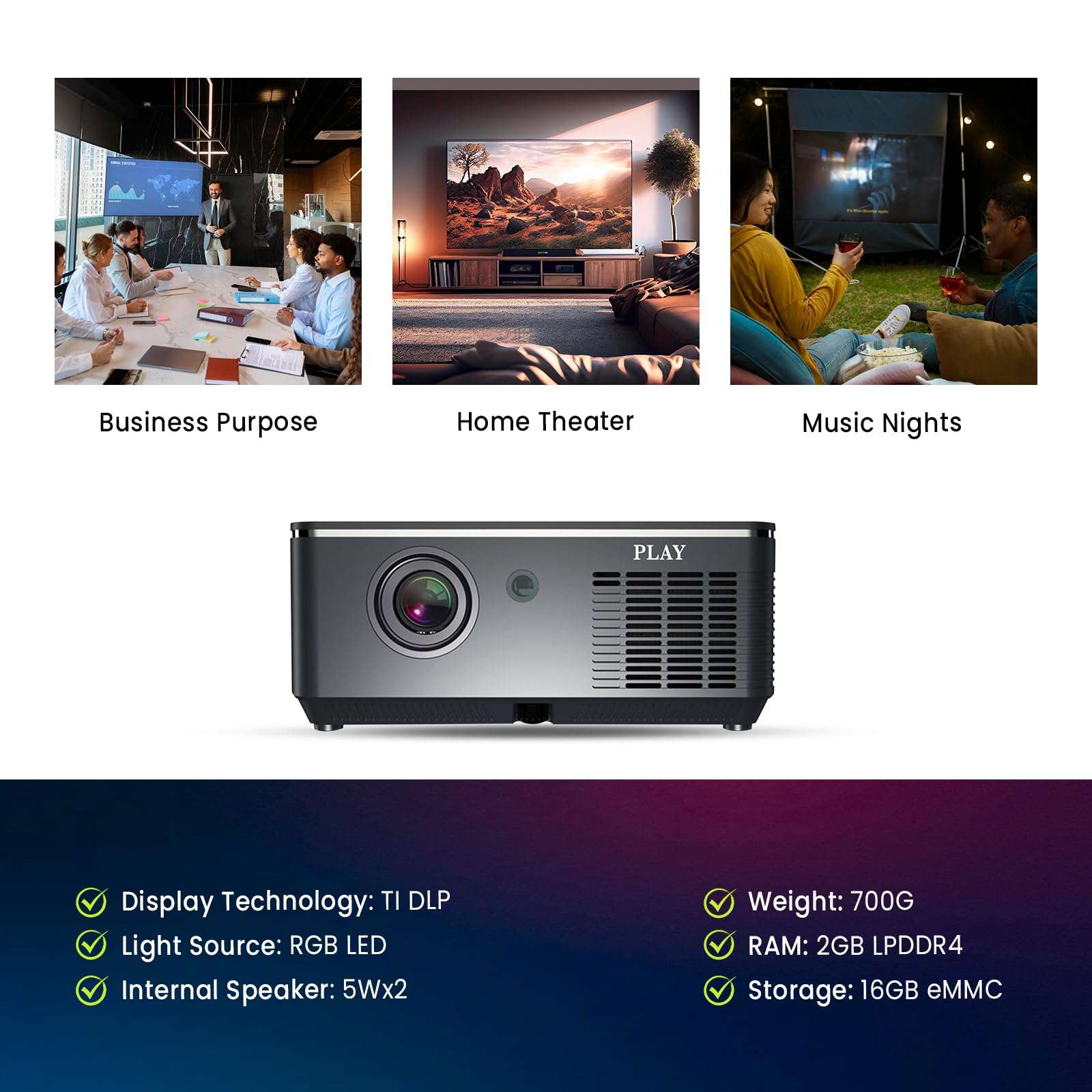PLAY DLP-7 3D Active Smart DLP LED 4k Projector with Latest Android, High Brightly Brightness with Higher Resolution Crystal Clear Big Cinematic Display & Inbuilt All Functions for Smart connectivity 2