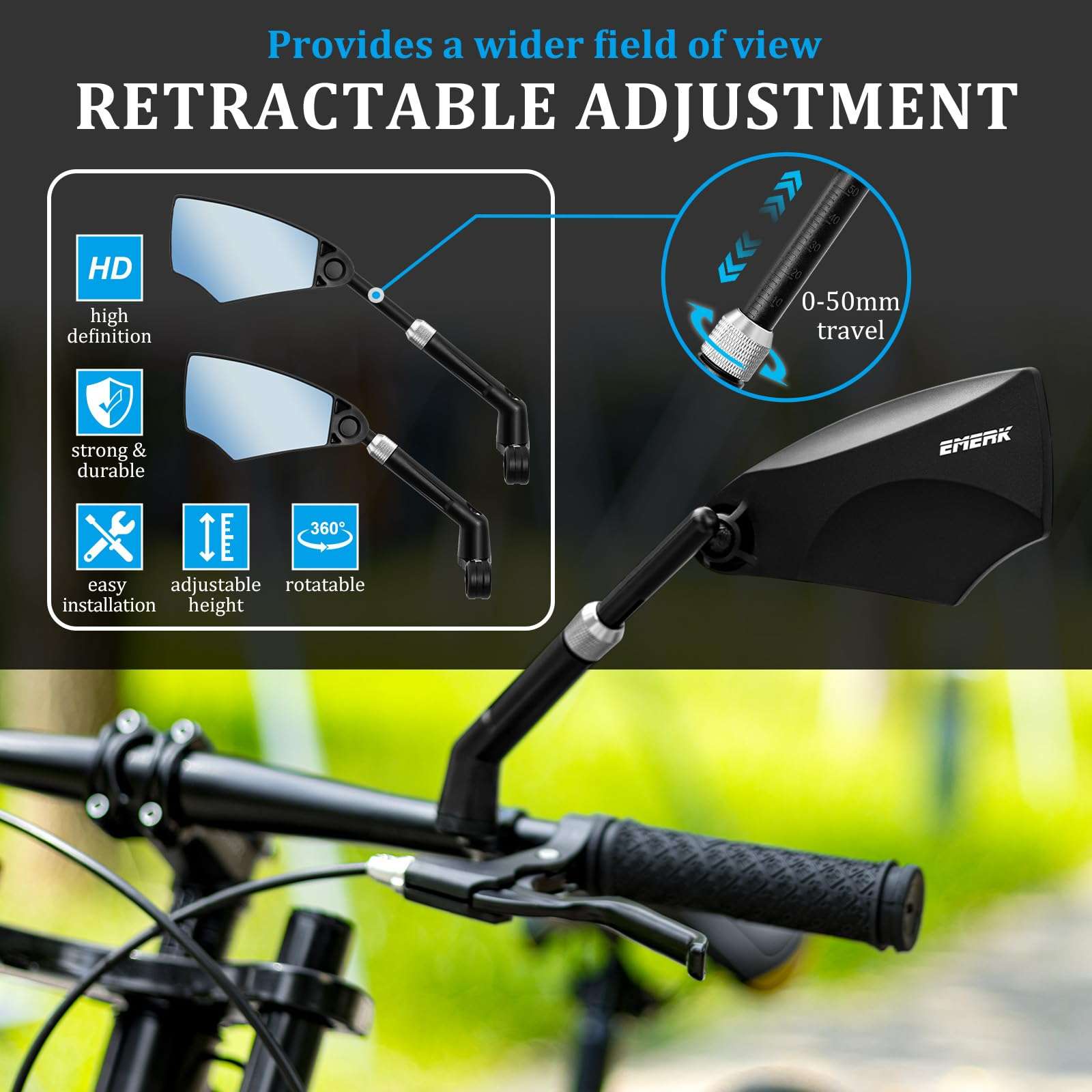 EMERK Anti-Glare Handlebar Bike Mirror: Bike Rear View Mirror With Retractable & 360° Adjustable Lens, HD Blast-Resistant Bicycle Mirror For 20-23mm Handlebar (Pair) 5