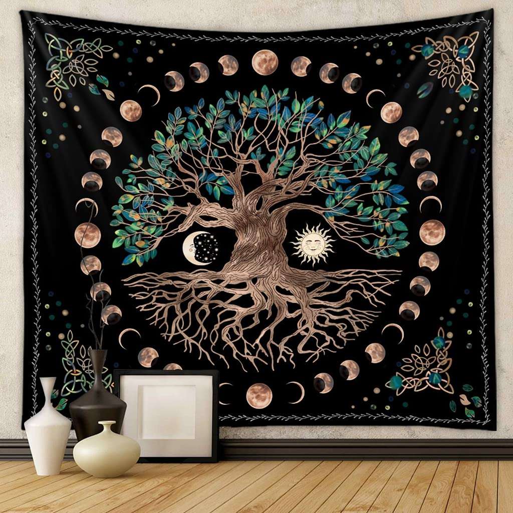 HASTHIP® Tree of Life Tapestry Wall Hanging Psychedelic Mystic Wishing Tree Artwork with Moon Phases, Washable Polyester Fabric, Vibrant Decorative Wall Carpet for Bedroom (51x59 Inches) 1