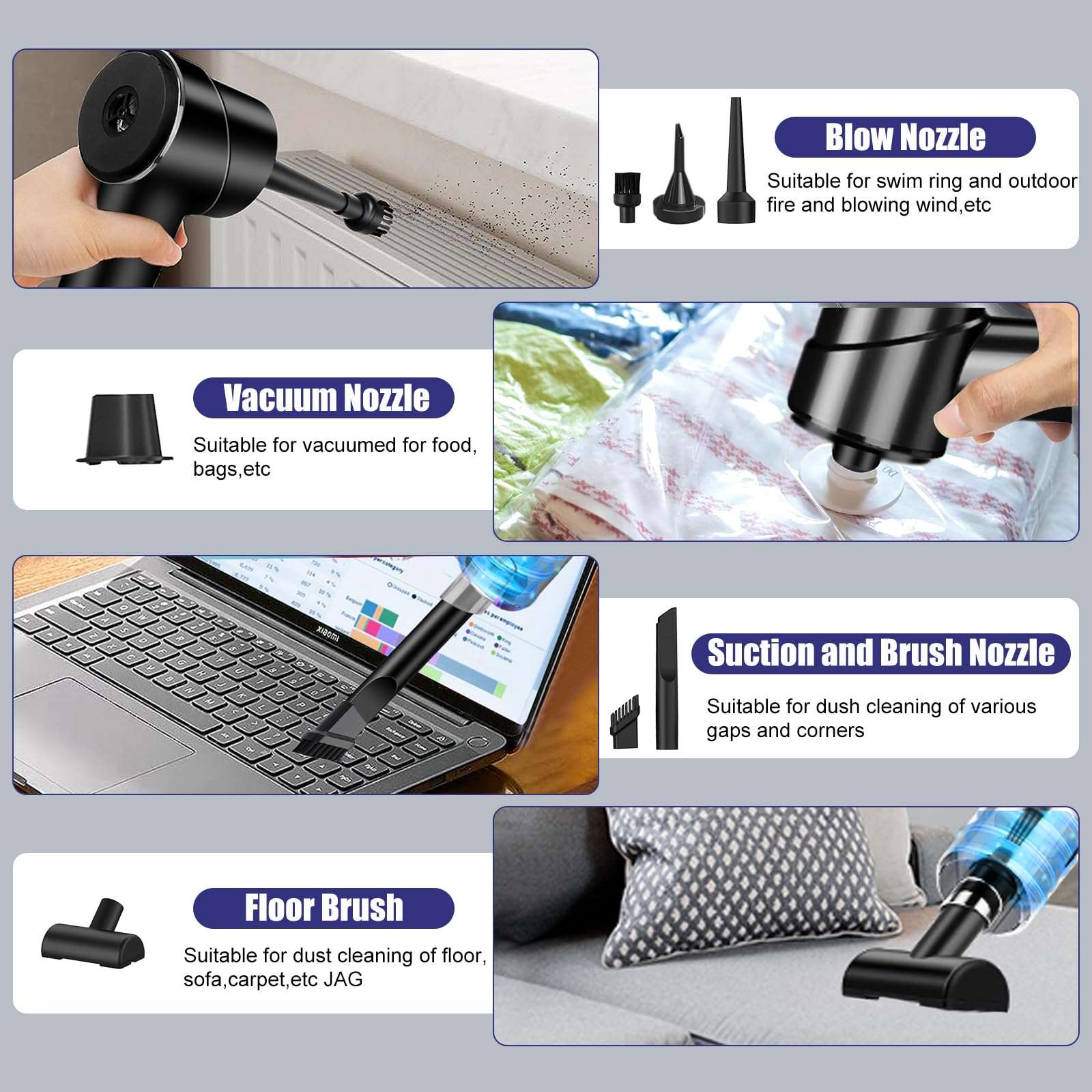 AGARELE Wireless Handheld Vacuum Cleaner, 12000Pa Car Vacuum Cleaner, Wireless 3-in-1 Vacuum Cleaner & Air Blower & Pump, Multifunctional Handheld Vacuum Cleaner with Brush for Car, Office, Home 5