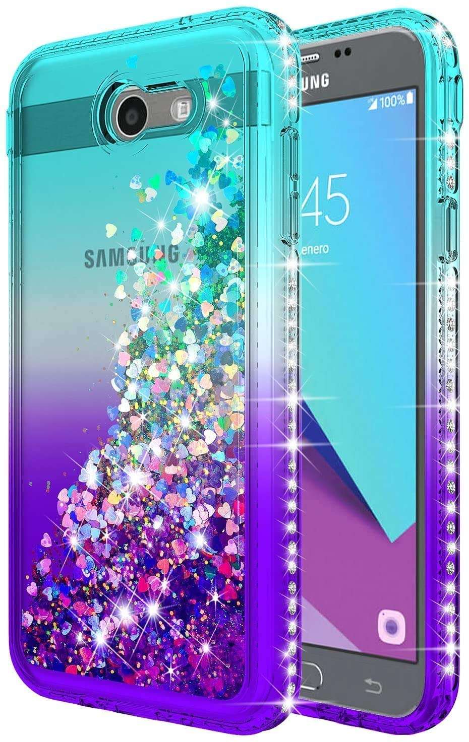 E-Began Case for Samsung Galaxy J3 Luna Pro, J3 Emerge/J3 2017/J3 Eclipse/Sol 2/J3 Mission with Screen Protector, Glitter Liquid Floating Quicksand Bling Diamond, Durable Girls Cute Case -Aqua/Purple 6