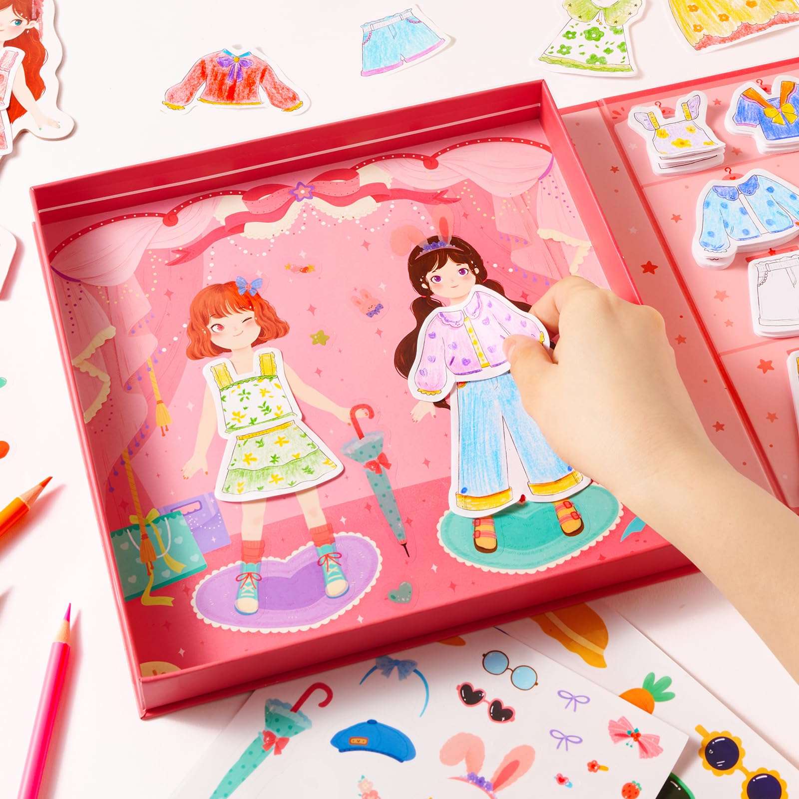 Mideer Paper Doll Kits, Reuseable Dress Up Paper Doll with Storage Box, DIY Dress Up Games for Girls Ages 4-7, Kids Fashion Design Kit with 240 Colorable Clothing Stickers and Dual Tip Colored Pencils 3
