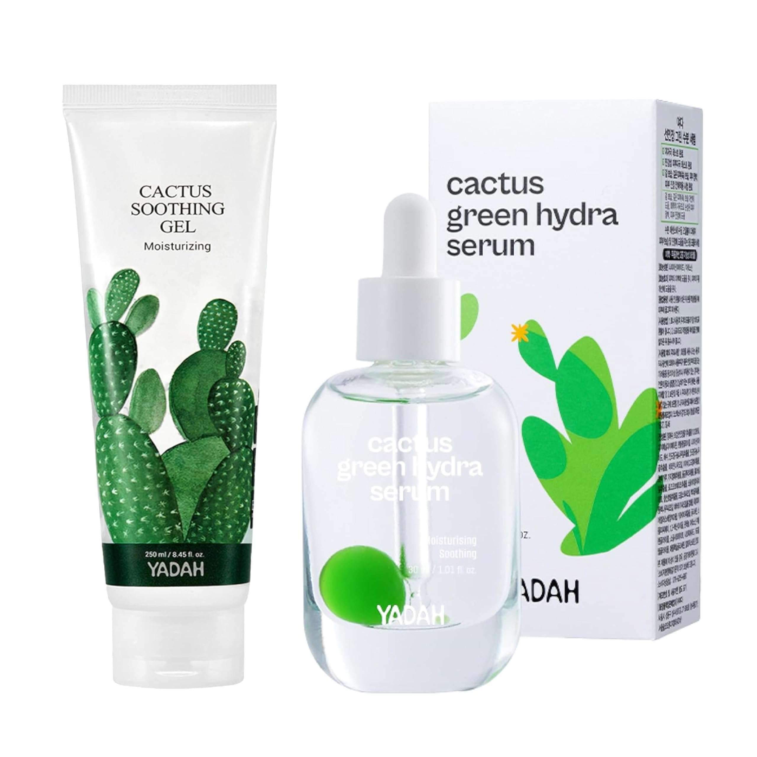 YADAH Cactus Soothing Gel 8.45fl oz & Cactus Green Hydra Serum 1.01fl oz - Vegan Sunburn Relief, Cool & Soothe Irritated Skin, Face Redness. Korean Skin Care Hydration Oil-Moisture Balance Niacinamide 1