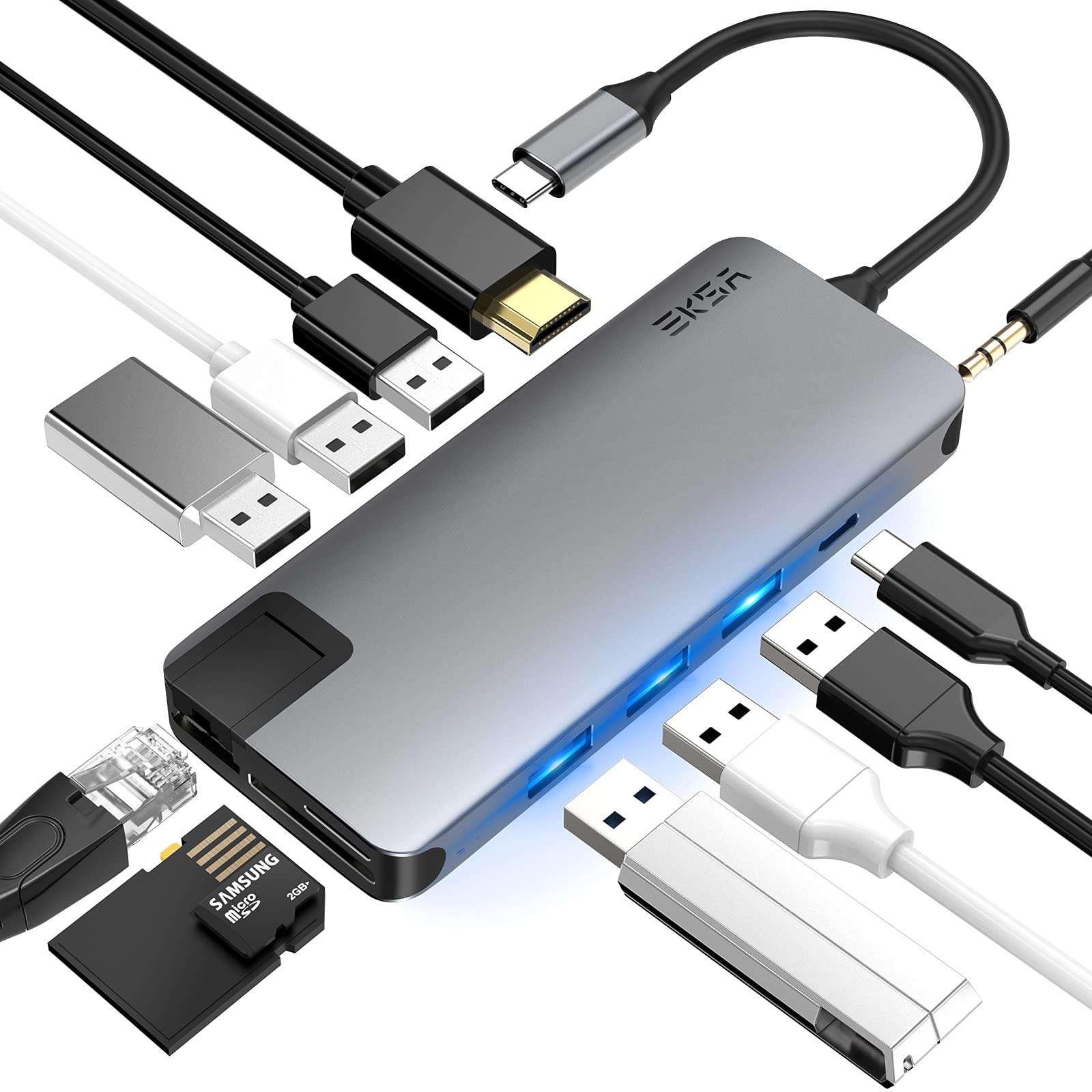 EKSA USB C Hub, 12 in 1 Type C Adapter for MacBook Pro 13" 15" 2018/2017 with 4K HDMI, 100W Power Delivery, Thunderbolt 3 Port, 2 USB 3.0, SD TF Card Reader (12 in 1) 1