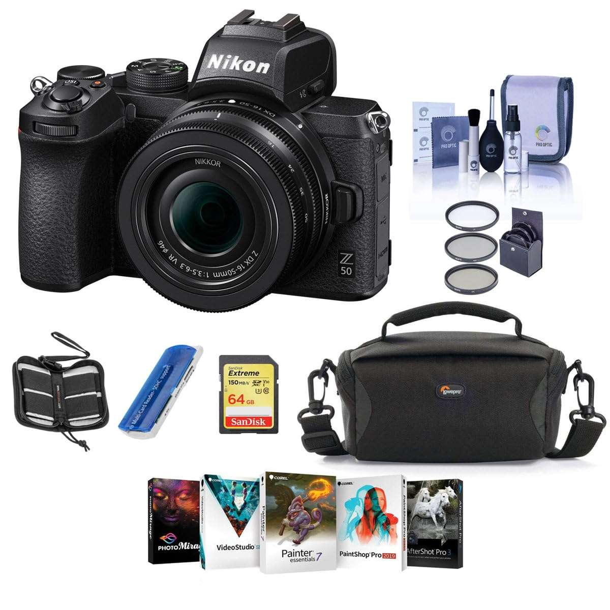 Nikon Z50 Mirrorless Camera with NIKKOR Z DX 16-50mm f/3.5-6.3 VR Lens - Bundle with Camera Case, 64GB SDXC Memory Card, 46mm Filter Kit, Cleaning Kit, Memory Wallet, Card Reader, PC Software Package 1