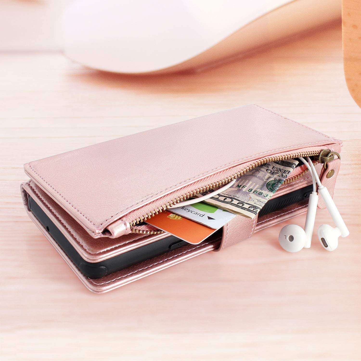 Harryshell Galaxy A01 Case, Detachable Magnetic Zipper Wallet Leather Case Cash Pocket with 12 Card Slots Holder Wrist Strap for Samsung Galaxy A01 (Rose Gold) 6