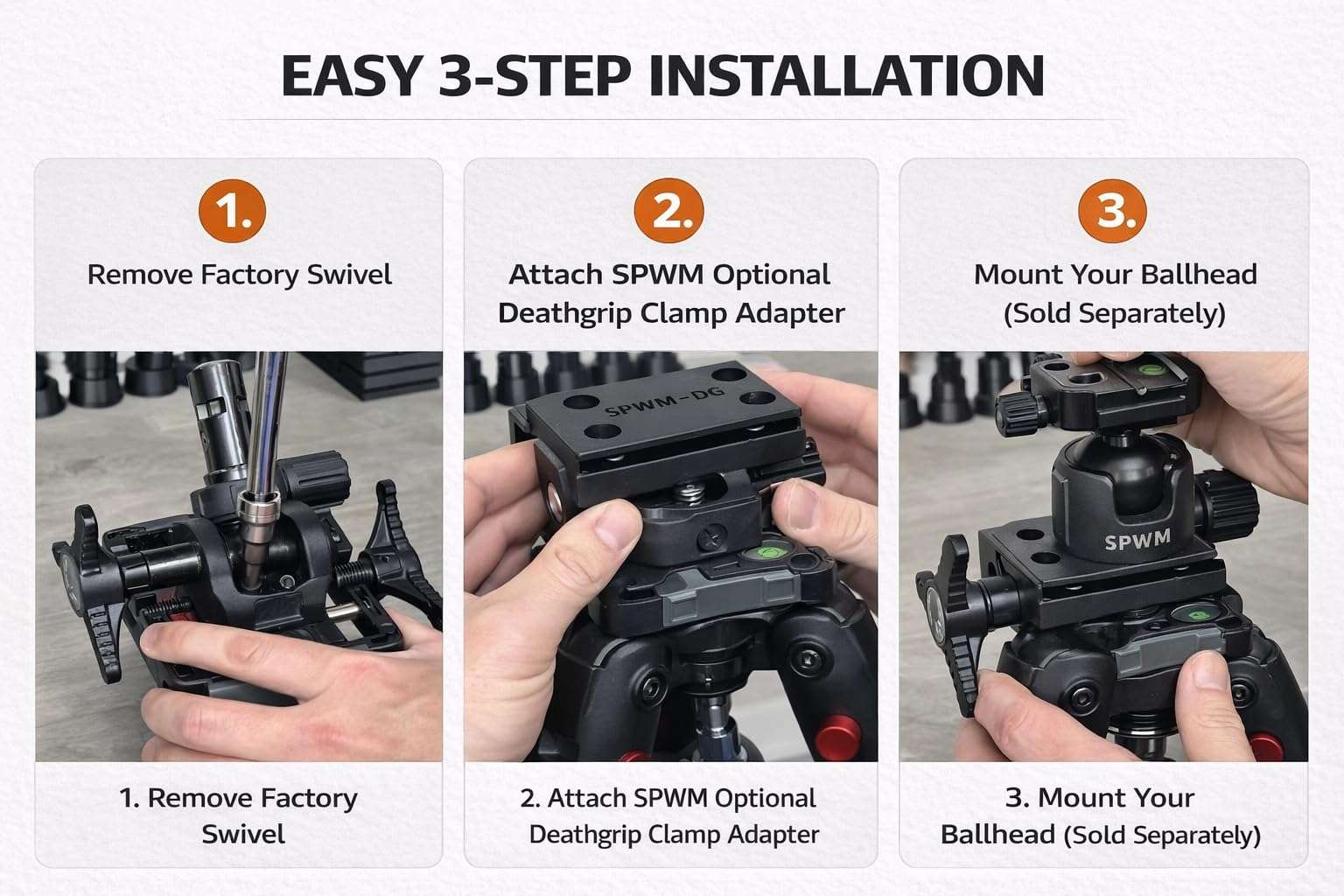 SPWM Ball Head Mount with 1" Riser for BOG DeathGrip Tripod - Photography Adapter with Arca Swiss Plate - Camera Equipment System - Designed and Manufactured in USA 5