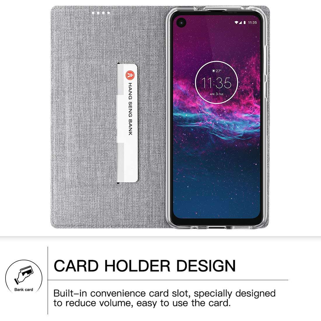 Foluu Motorola One Action Case, Flip Folio Wallet Cover Slim Premium PU Leather Case ID Card Slots Kickstand and Magnetic Closure Clear TPU Bumper Cover for Motorola One Action 2019 (Gray) 2