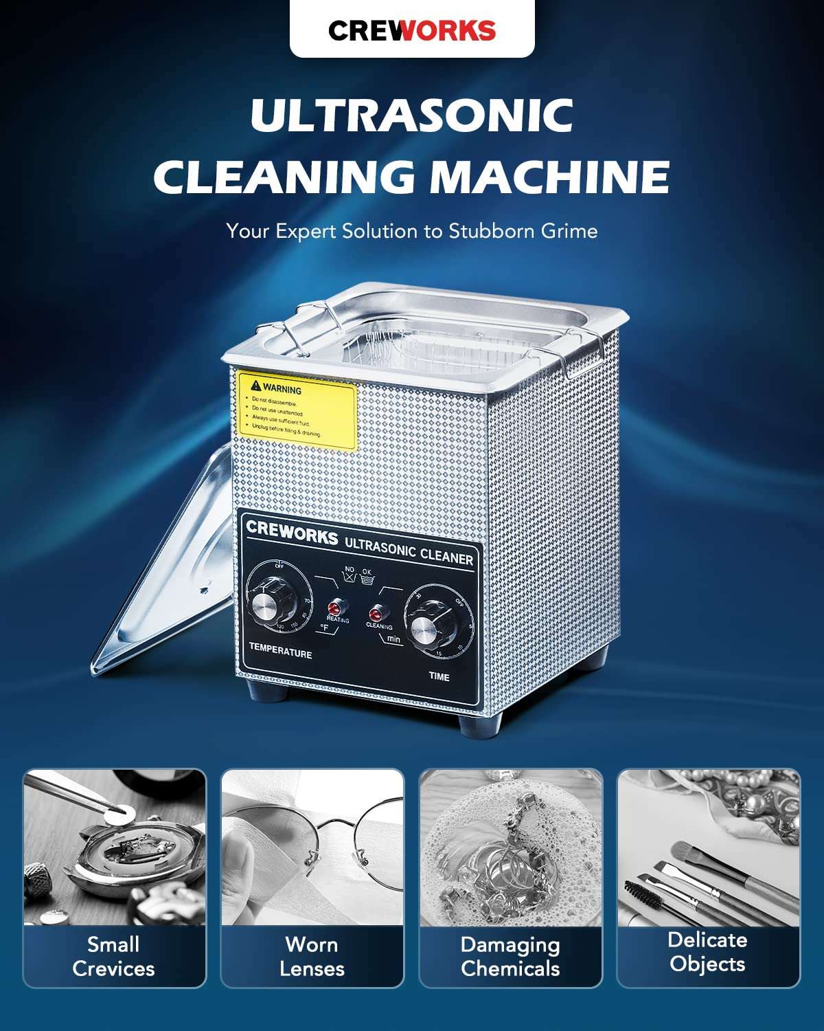 CREWORKS 2L Ultrasonic Cleaner with Heater & Timer, 60W 304 Stainless Steel Sonic Cleaner, 0.5 gal Compact Ultrasonic Parts Cleaner, Professional Lab Ultrasonic Cleaner for Jewelry Watch Coin Glasses 2