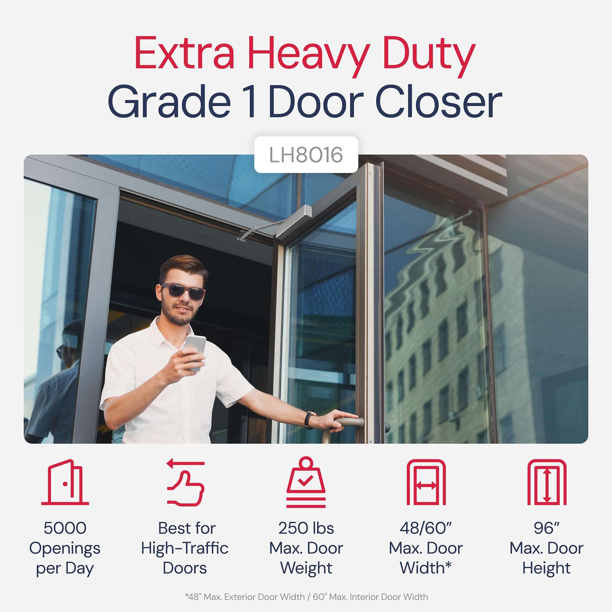 Lawrence Extra Heavy Duty Door Closer Commercial Grade 1 - Adjustable 6-Speed Delayed-Action Door Control with 3 Pistons – Flexible Installation with Included Hardware - Embassy Series LH8016 2