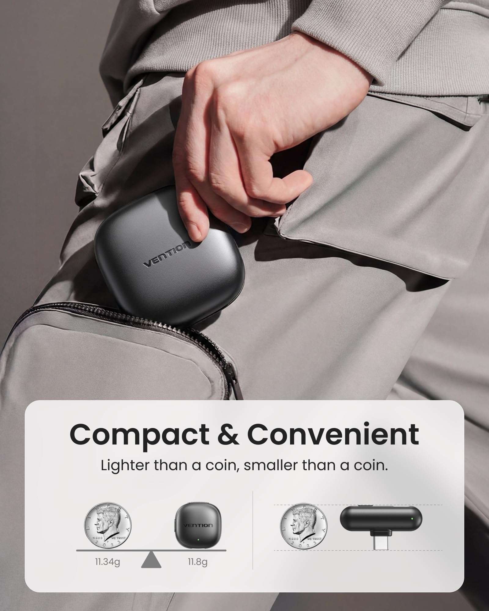 VENTION Mini Wireless Microphone for iPhone 17/16/15 Pro Max, USB C Bluetooth Microphone for Android/Camera, Ai Noise Cancelling Lavalier Mic with 24H Charging Case for Video Recording Vlogging 4