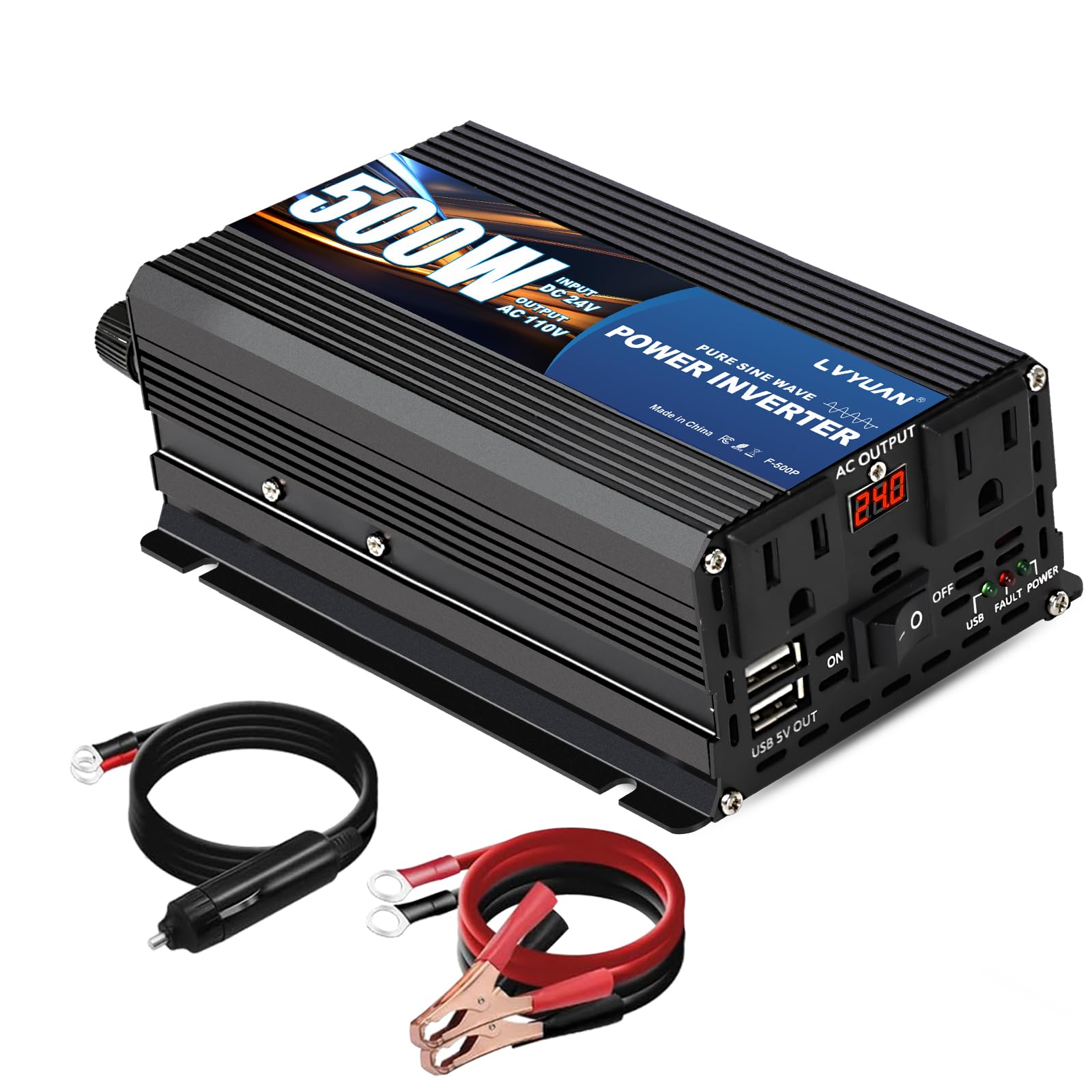 LVYUAN 500 Watt Pure Sine Wave Power Inverter 24V to 110V/120V DC to AC Converter with Dual Sockets, Dual USB Ports, LED Display for Home Outdoor RV Car Power Inverter Power Adapter