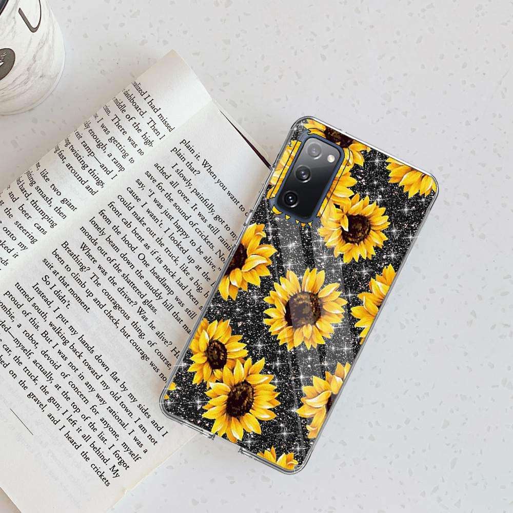 for Samsung S20 Fan Edition Case,Galaxy S20 FE Phone Case,DDTKZC Tempered Glass Protector Lustre Pattern-Sparkle 3 in 1 Clear Shockproof Case for Galaxy S20 FE (Yellow Sunflower) 6