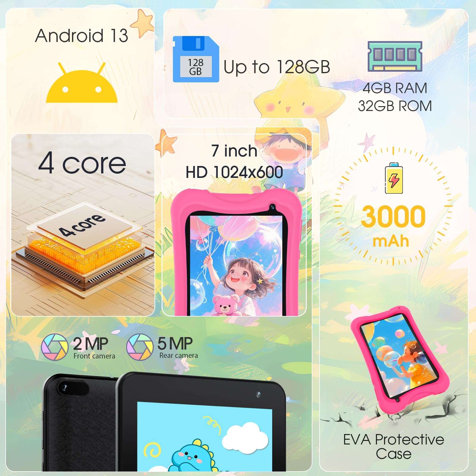 Digliand 7" Android Kids Tablet, Android 13, Quad-core Processor, 4GB+32GB, Pre-Installed Educational Apps, 2MP+5MP Dual Cameras, 3000mAh Battery, Shockproof Protective Case (Pink) 3